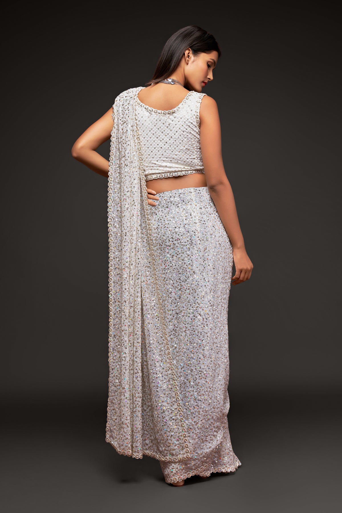 White designer sequin saree for wedding and reception - Joshindia