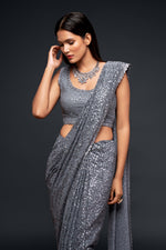 Grey designer sequins saree for wedding and reception - Joshindia