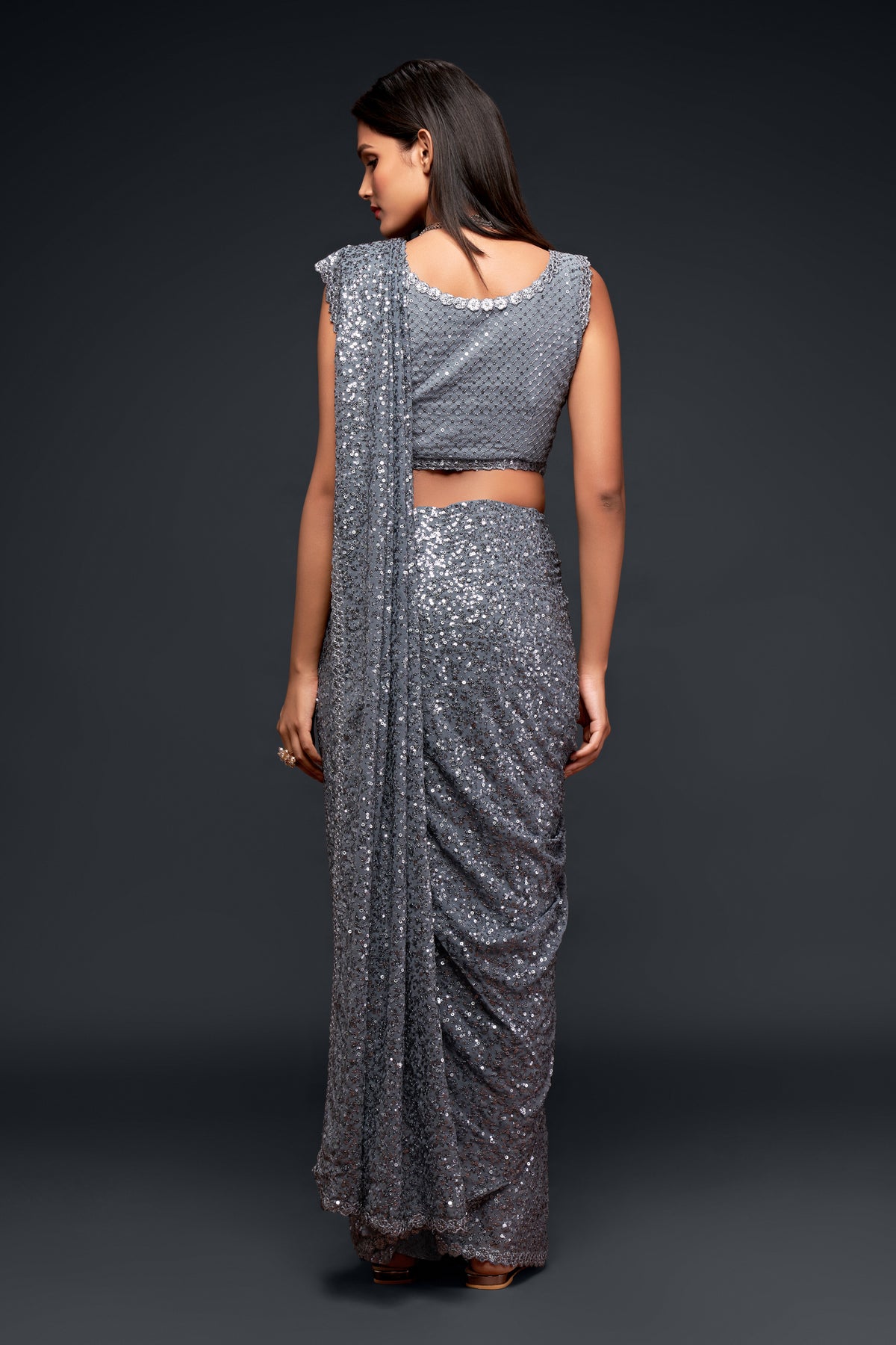 Grey designer sequins saree for wedding and reception - Joshindia