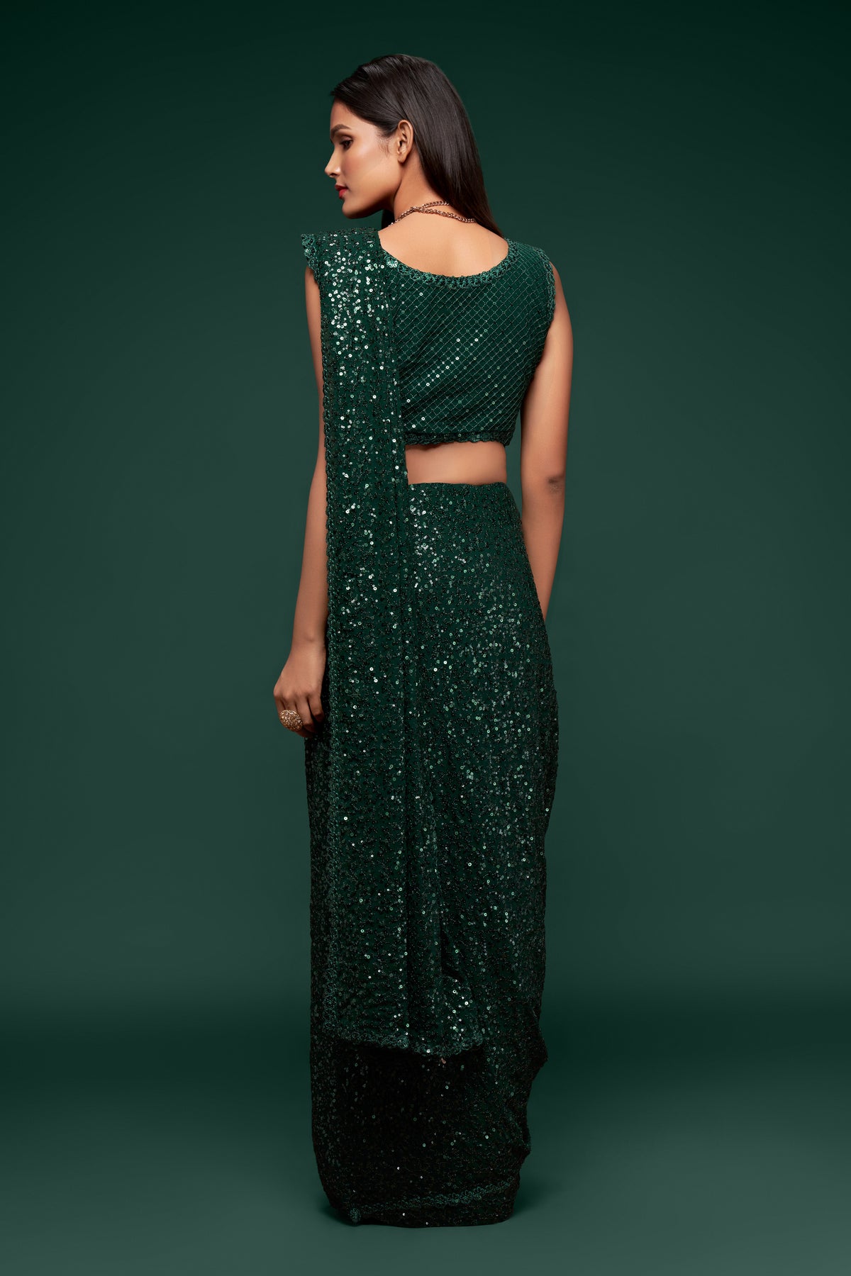 Green designer sequins saree for wedding and reception - Joshindia