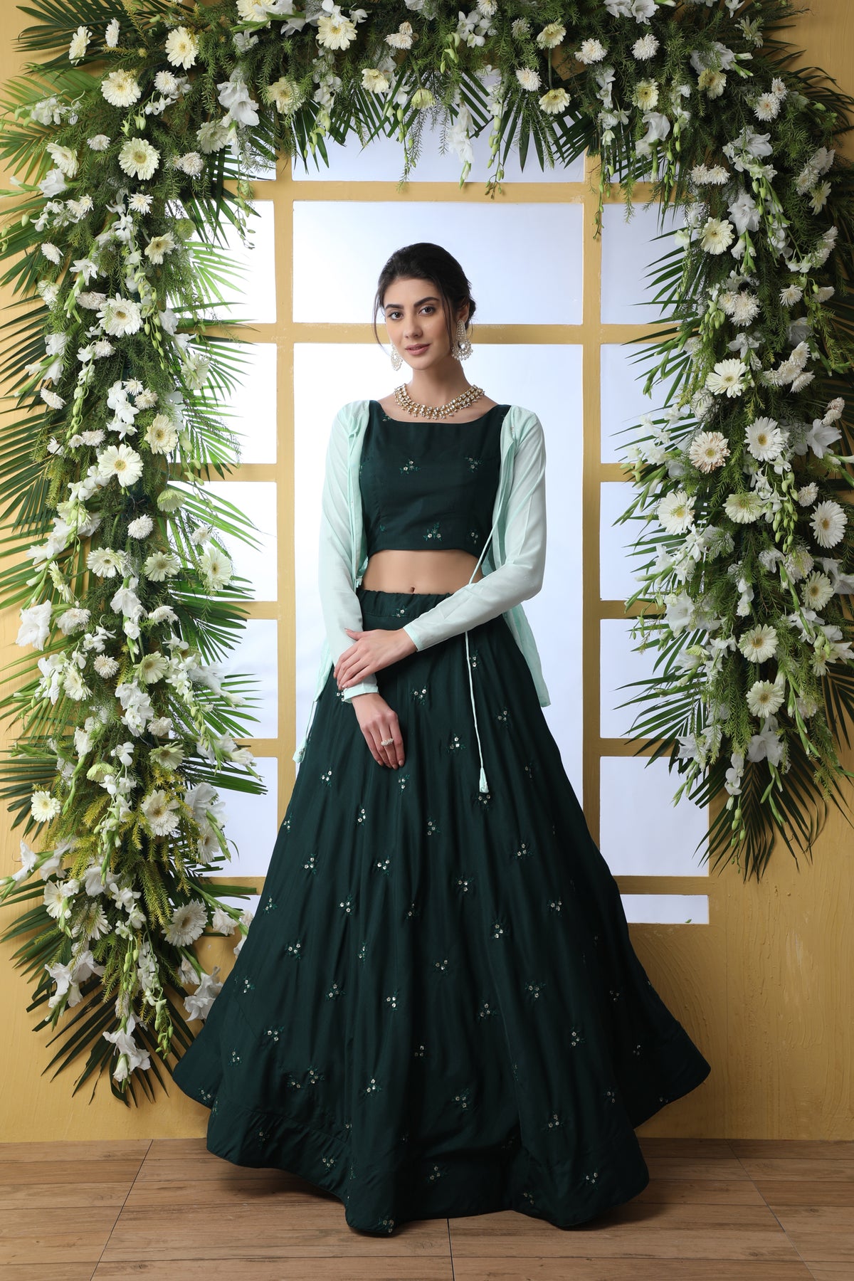 Green color crop top lehenga choli with shrug buy now - Joshindia