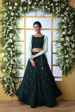 Green color crop top lehenga choli with shrug buy now - Joshindia