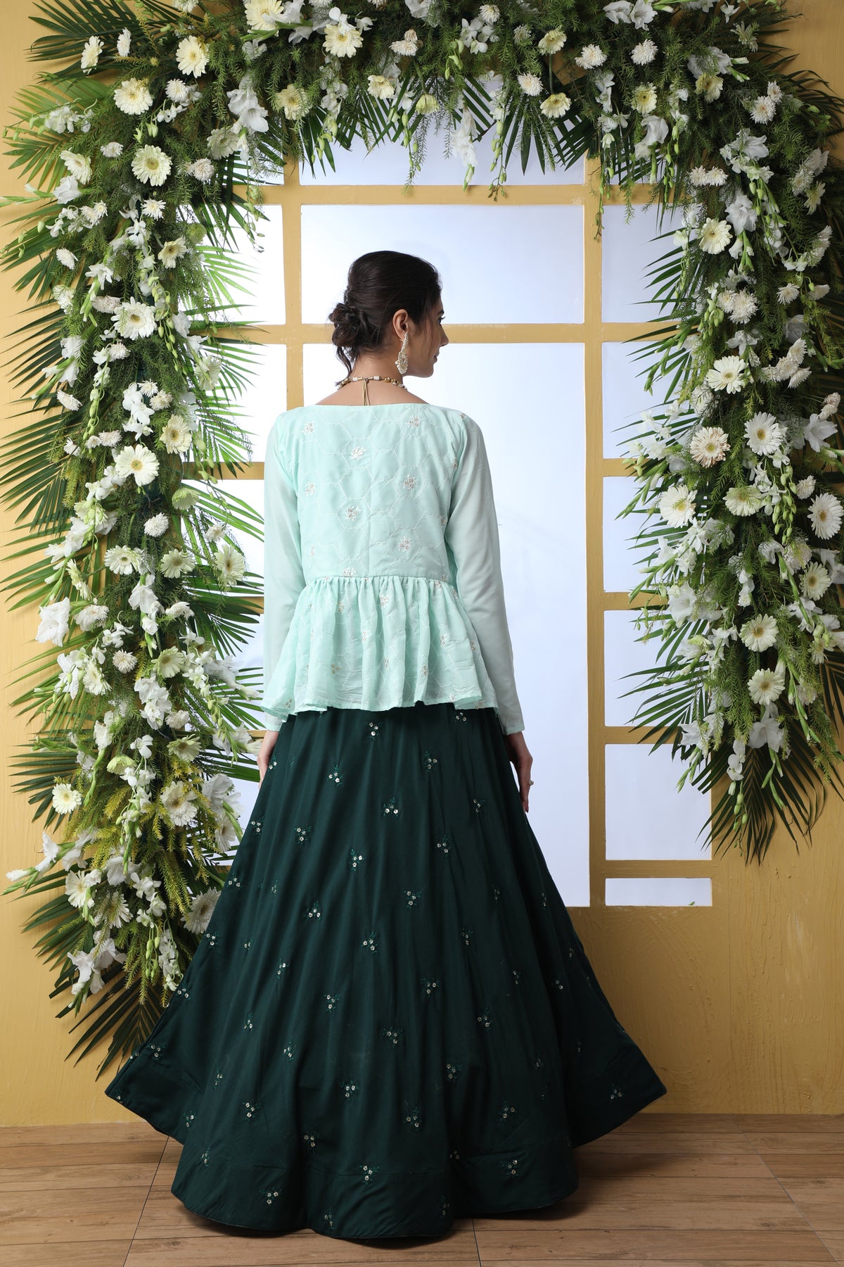 Green color crop top lehenga choli with shrug buy now - Joshindia