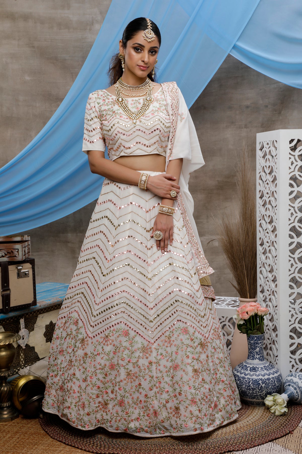 Pearl white color mirror lehenga choli online - Joshindia