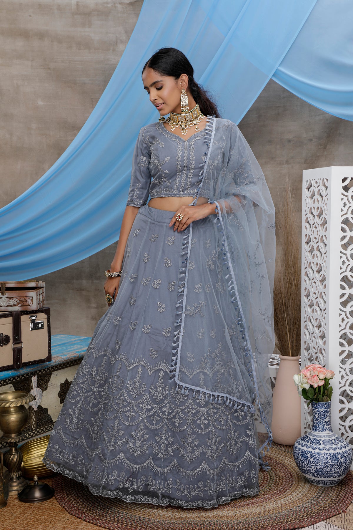 grey color designer lehenga choli at best price - Joshindia