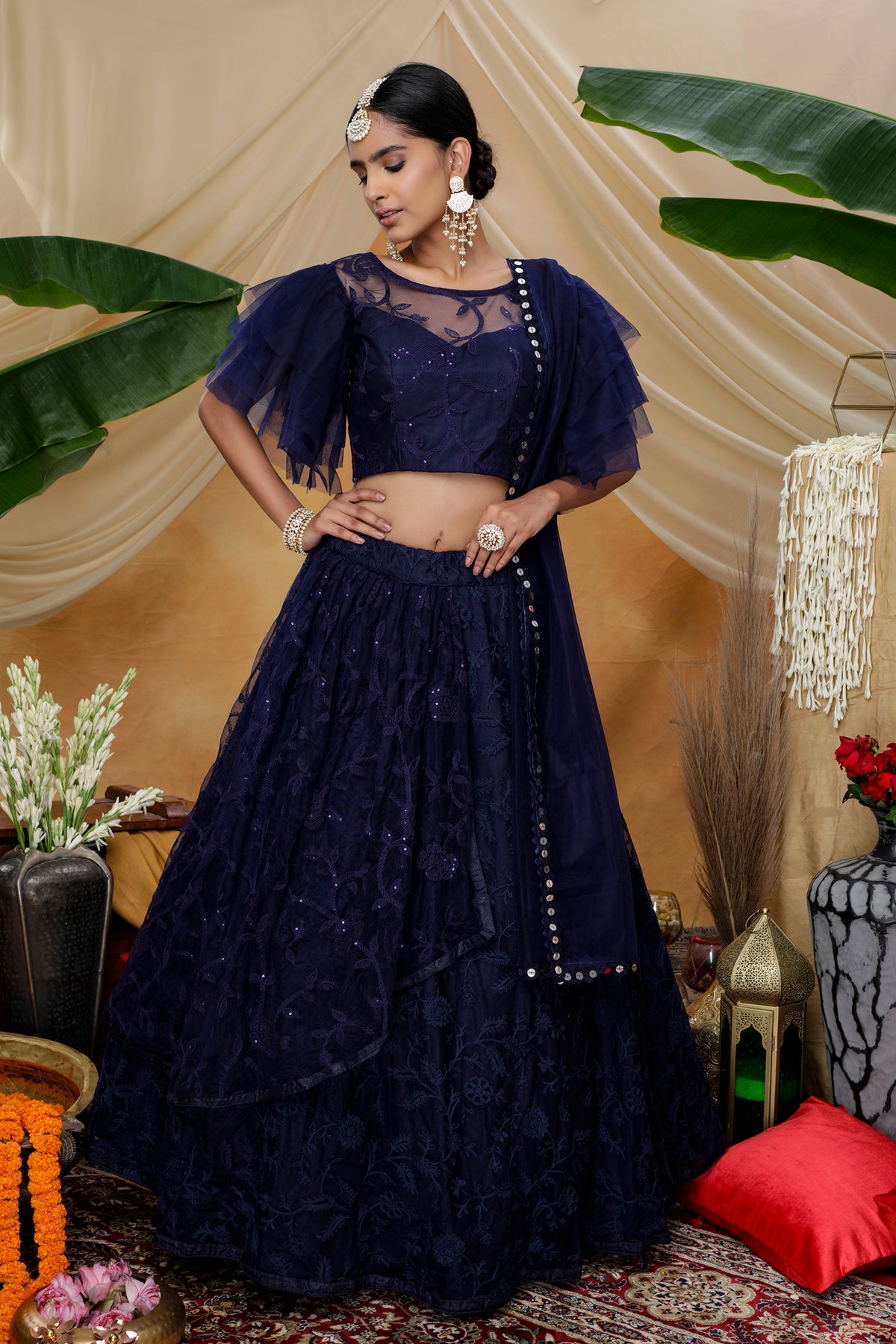 Navy blue color net designer lehenga choli buy now - Joshindia
