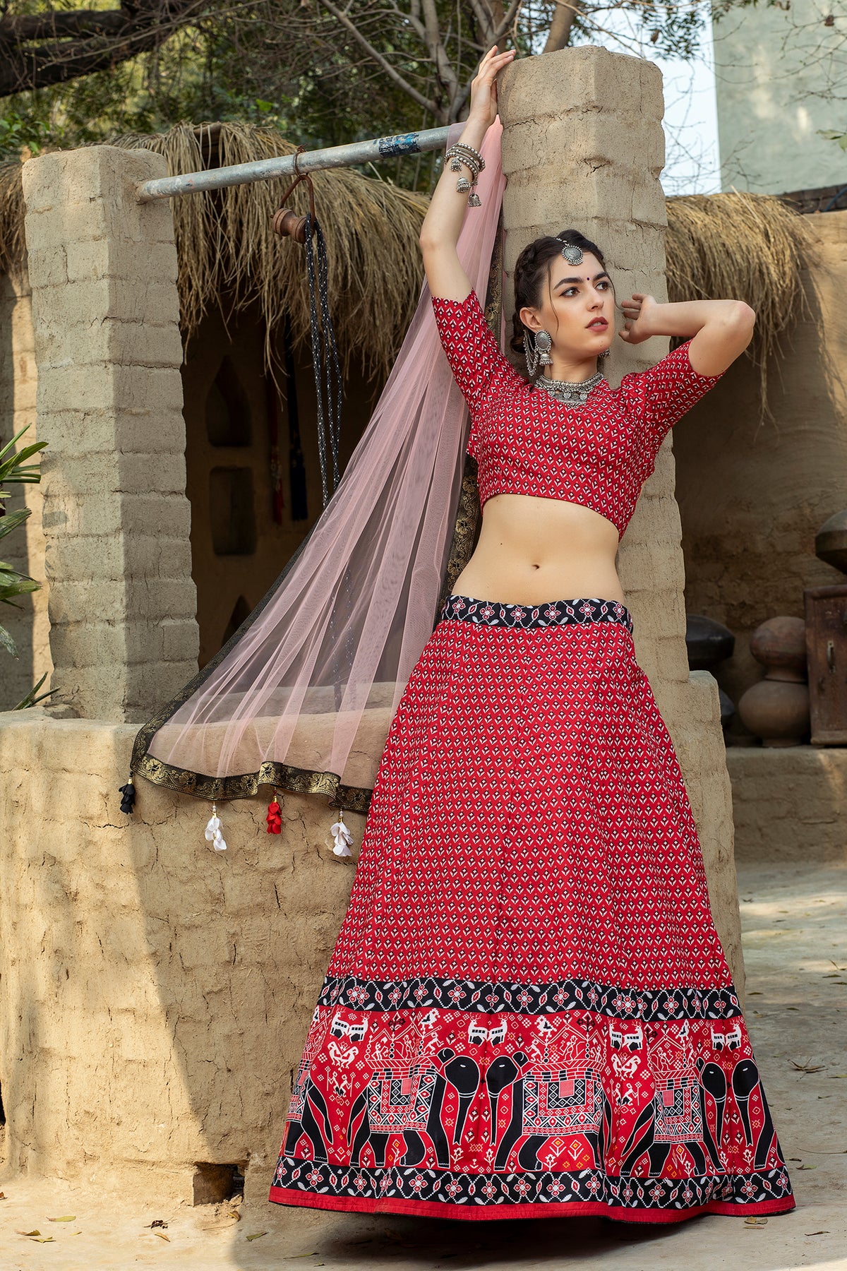 red color printed lehenga choli buy now - Joshindia