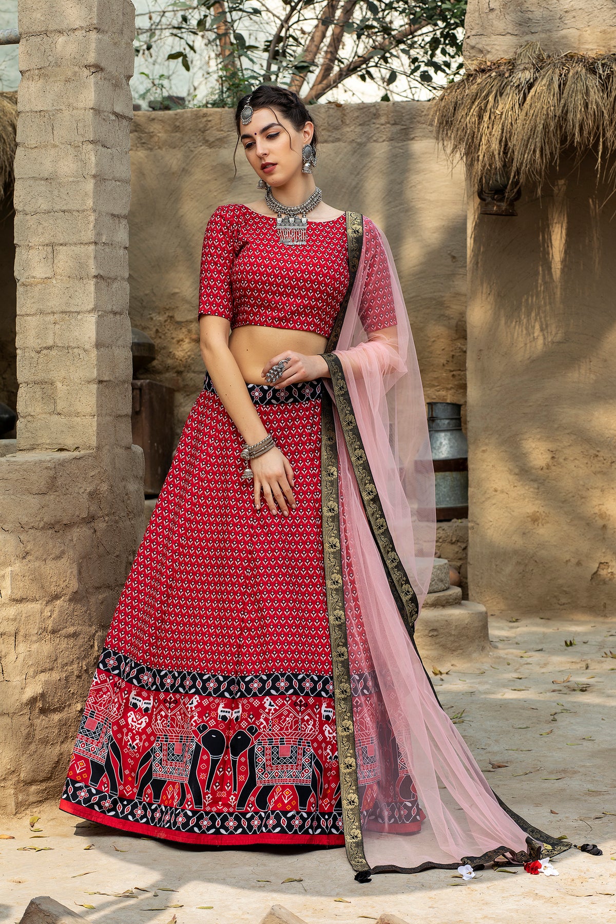 red color printed lehenga choli buy now - Joshindia