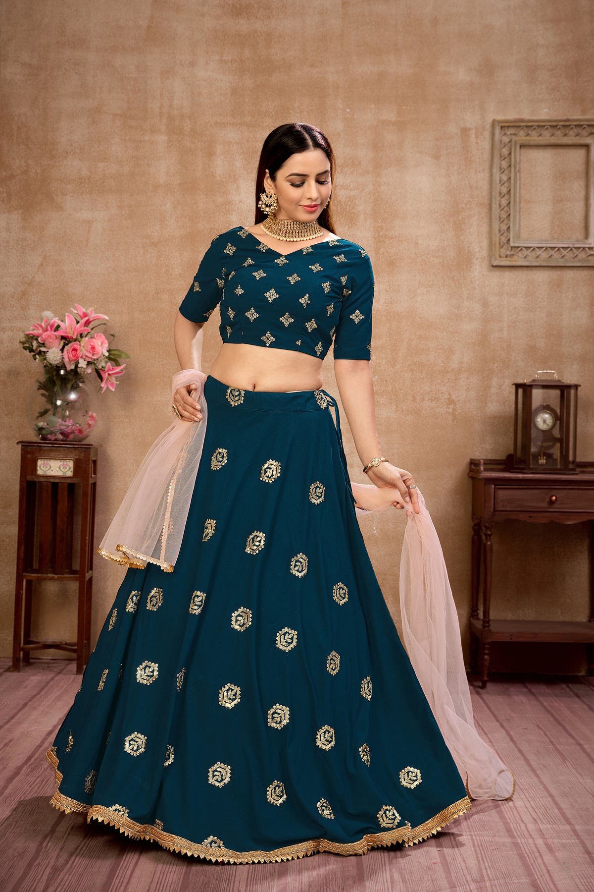 Teal Blue color Georgette designer lehenga choli buy now - Joshindia