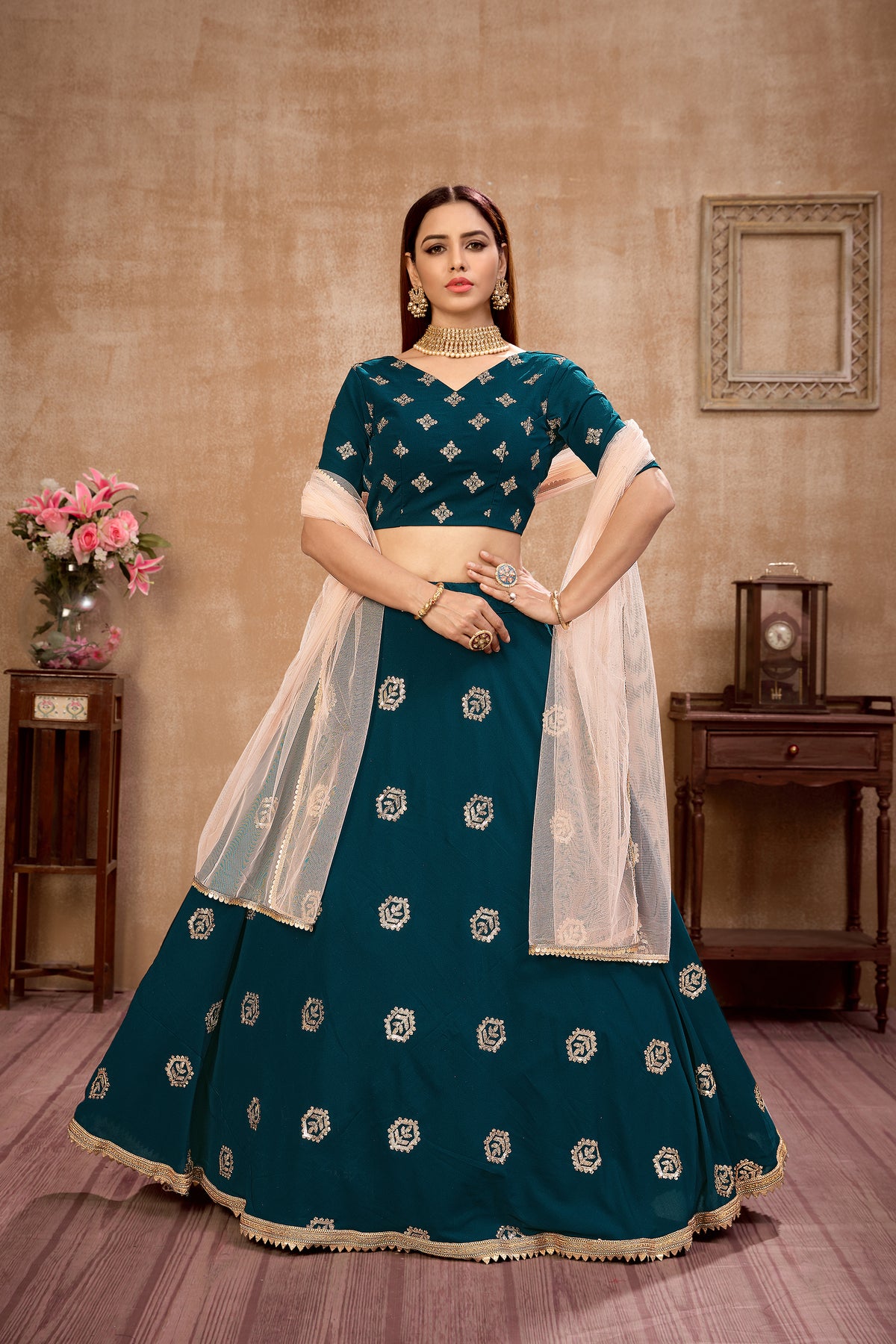 Teal Blue color Georgette designer lehenga choli buy now - Joshindia