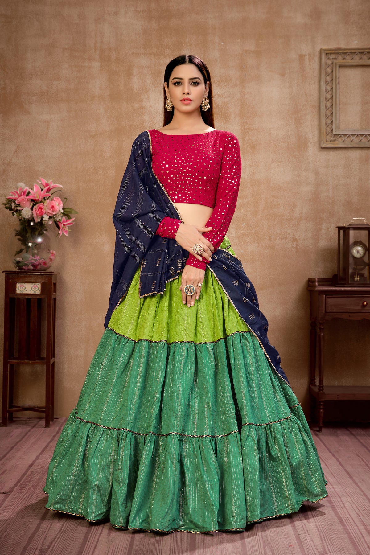 Green color designer ruffle look lehenga for stylish appearance - Joshindia
