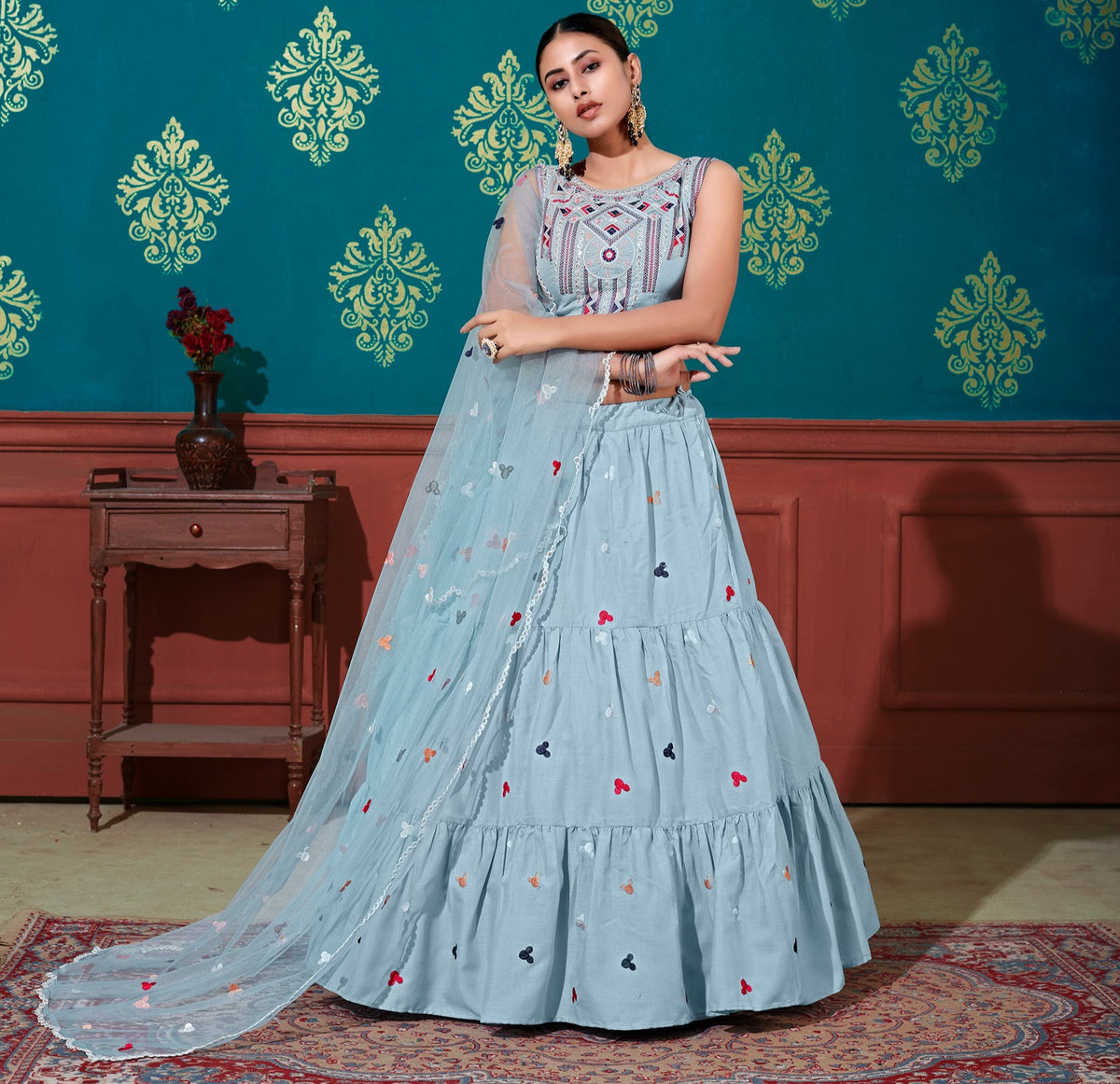 Sky color cotton designer lehenga new arrival - Joshindia