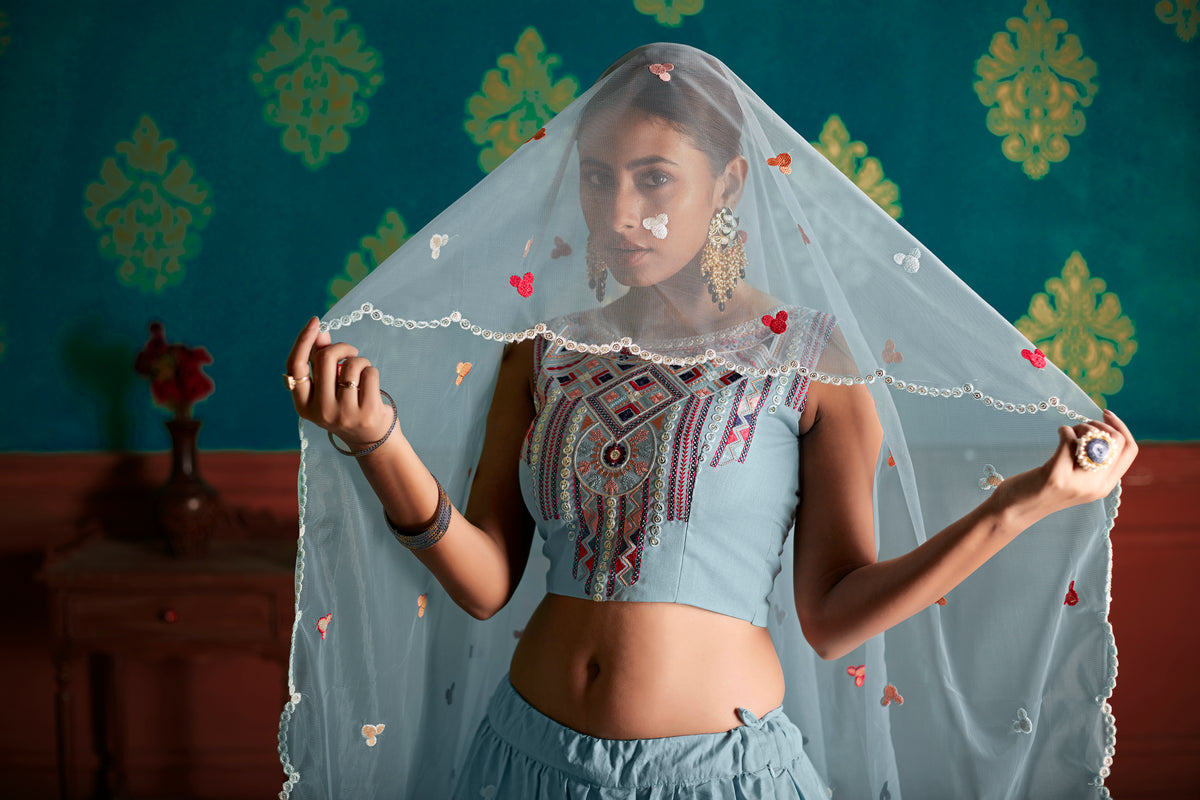 Sky color cotton designer lehenga new arrival - Joshindia