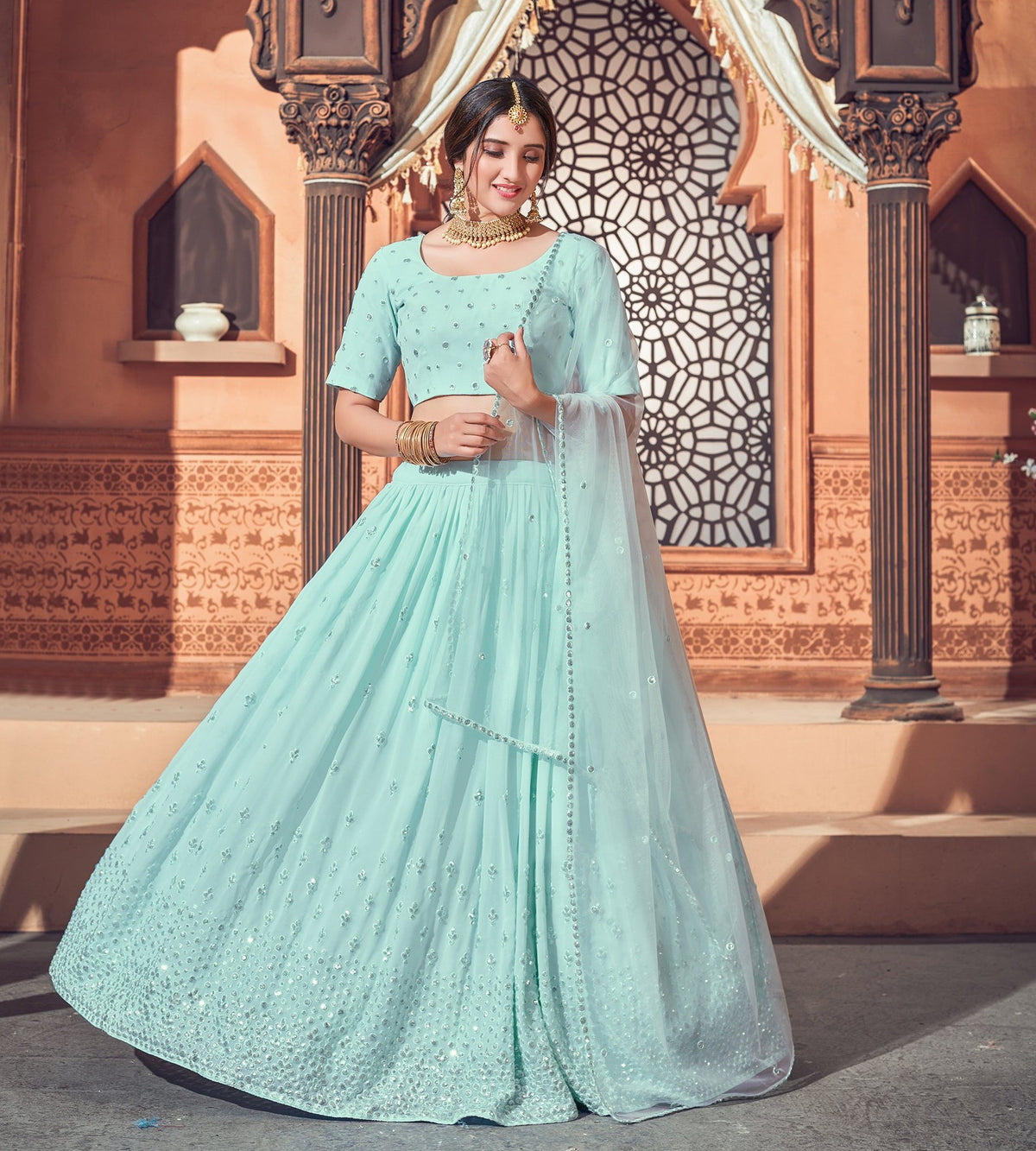 sky blue color Latest lehenga choli for wedding and party - Joshindia