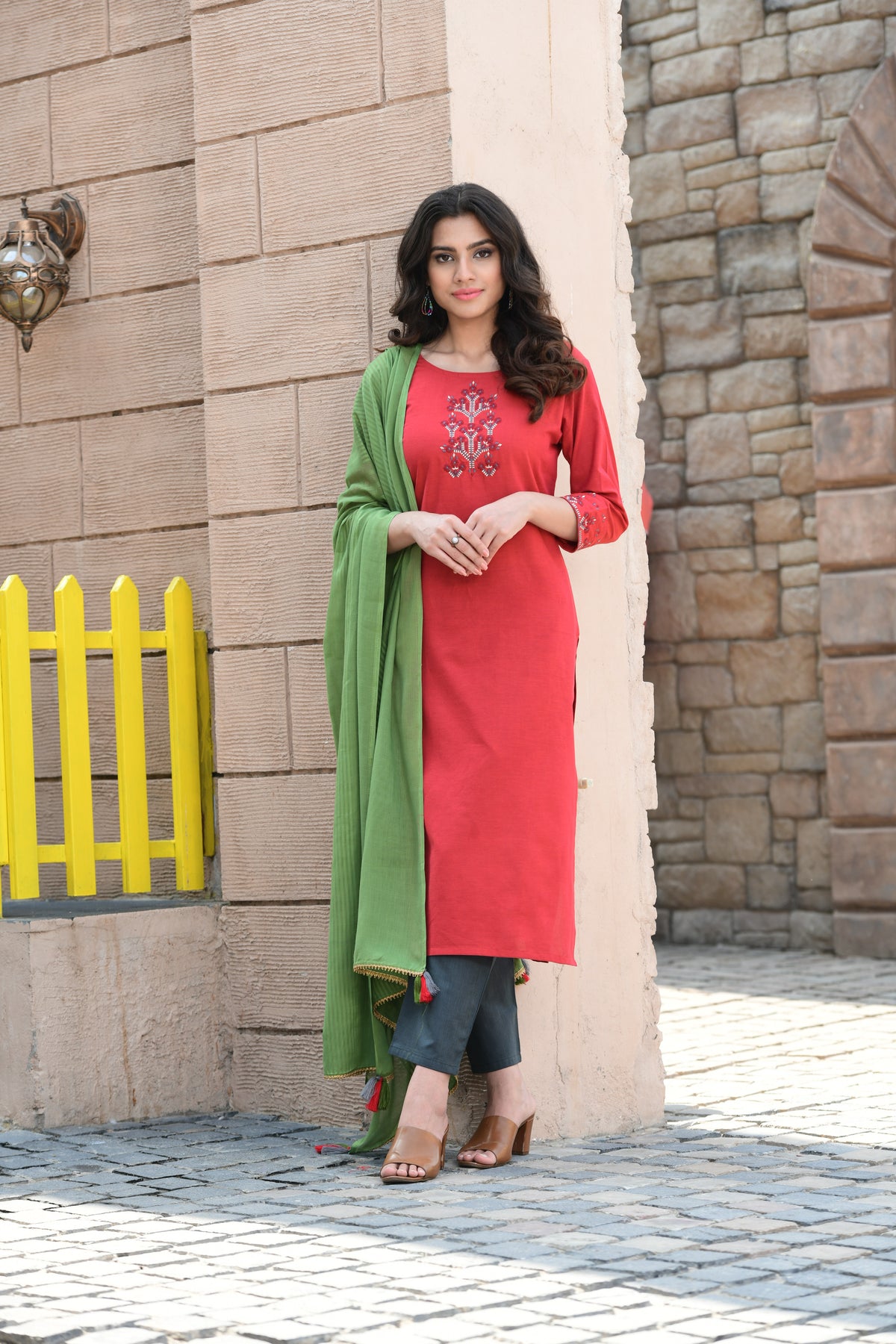 Cotton Embroidered Kurti With Pant & Dupatta - Joshindia