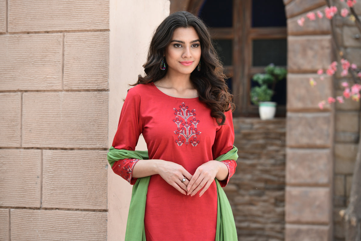 Cotton Embroidered Kurti With Pant & Dupatta - Joshindia