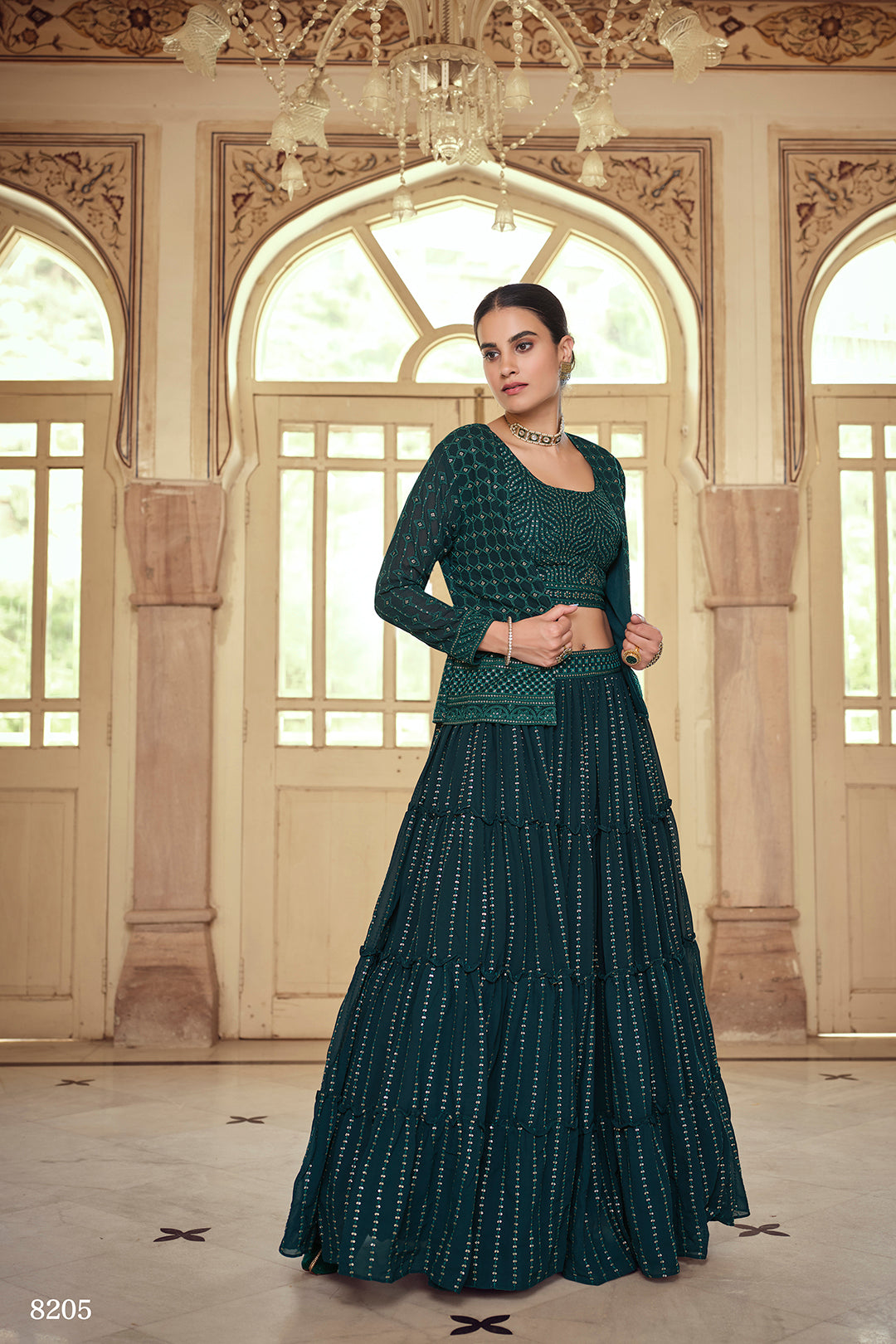 Beautiful Dark Green Goergette Crop Top Lehenga - Joshindia