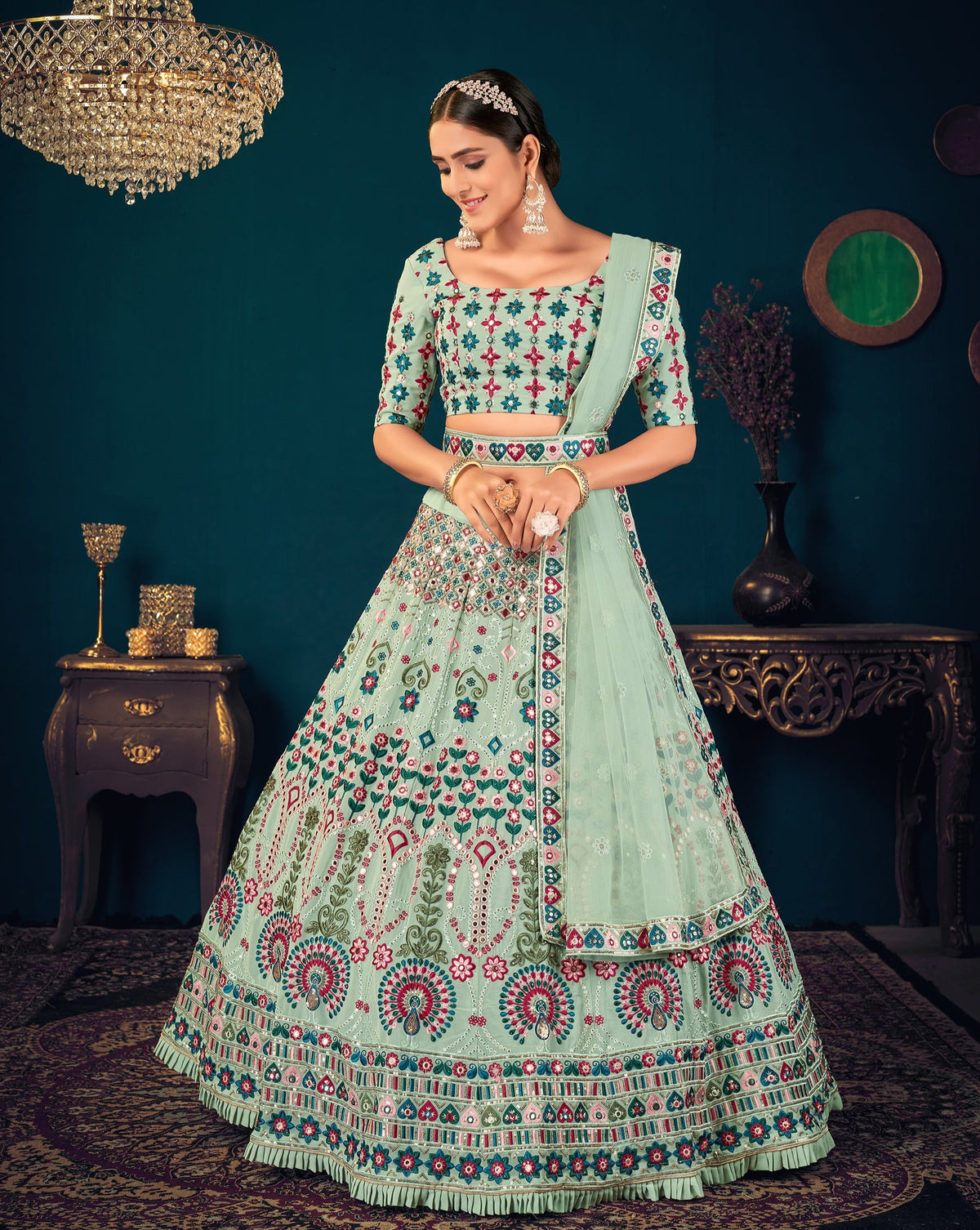 Pista Green color heavy designer lehenga for wedding functions - Joshindia