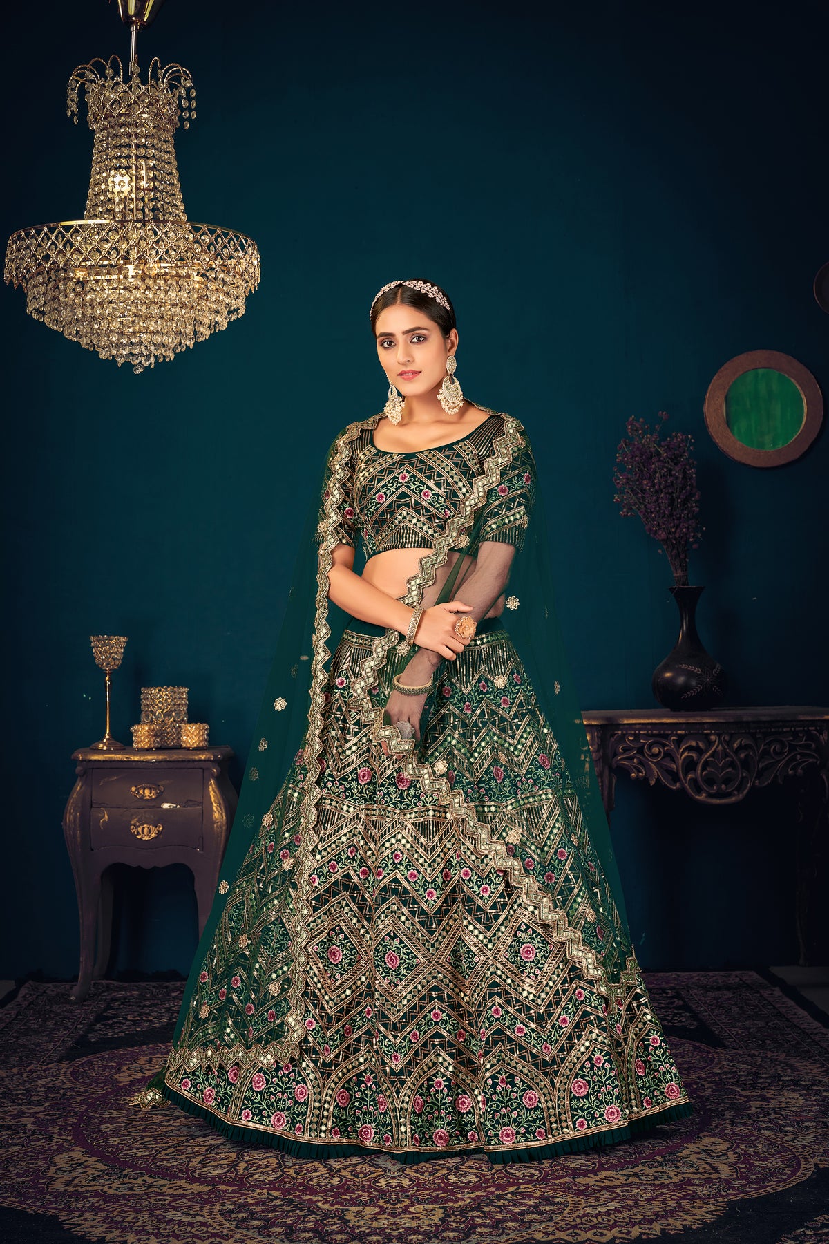 Dark Green color heavy designer lehenga for wedding functions - Joshindia