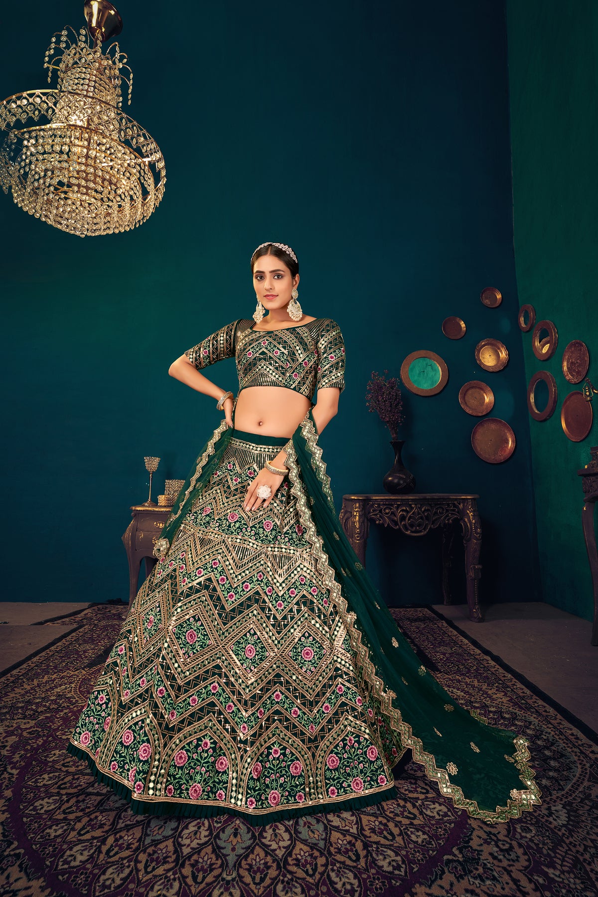 Dark Green color heavy designer lehenga for wedding functions - Joshindia