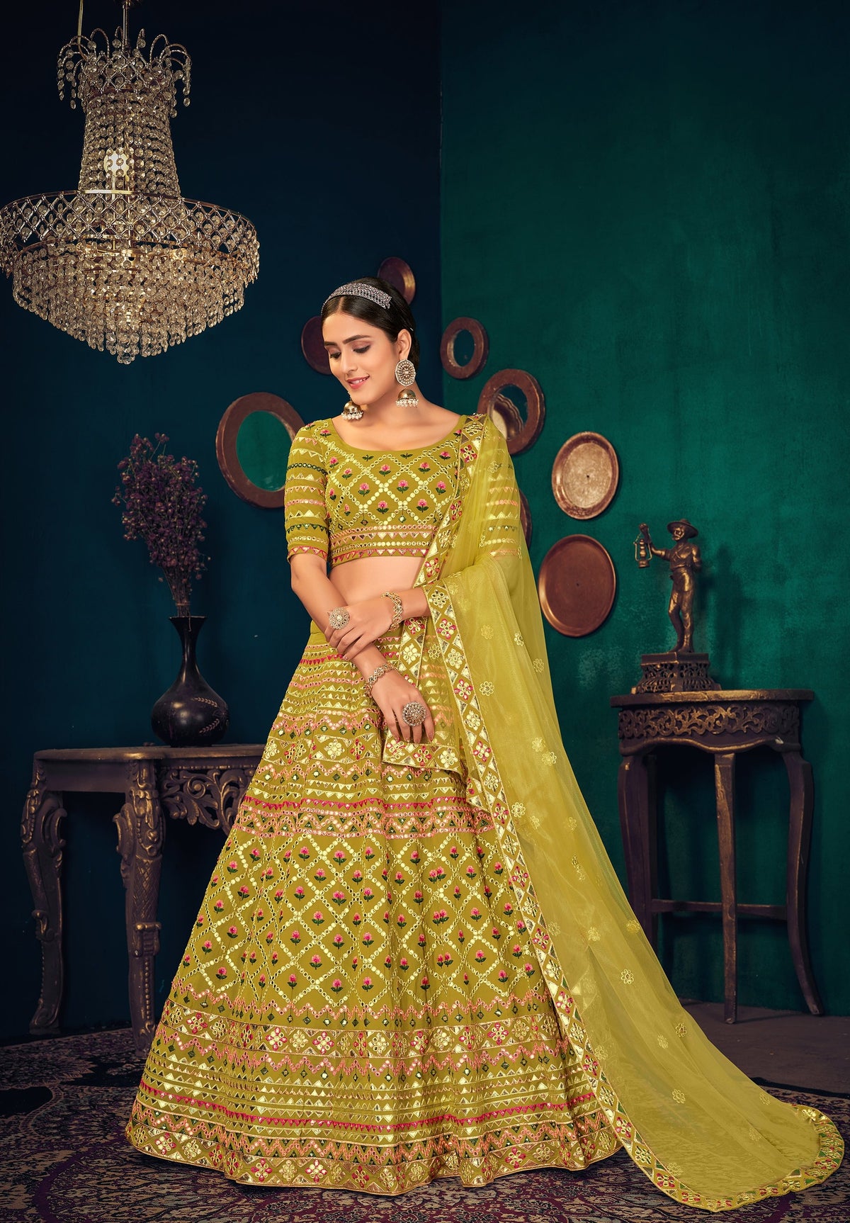 Green Lime color heavy designer lehenga choli for wedding - Joshindia