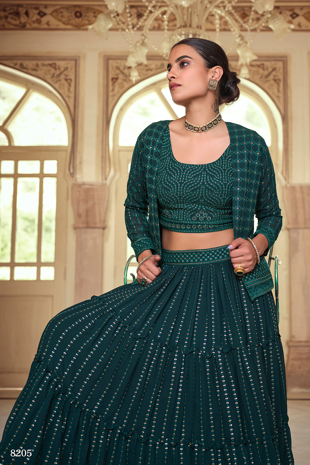 Beautiful Dark Green Goergette Crop Top Lehenga - Joshindia