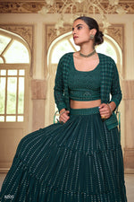Beautiful Dark Green Goergette Crop Top Lehenga - Joshindia