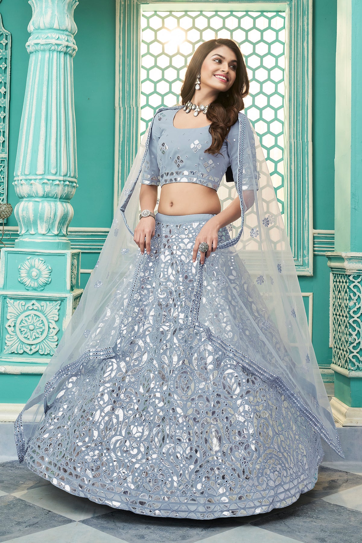 sky color Georgette designer lehenga choli - Joshindia