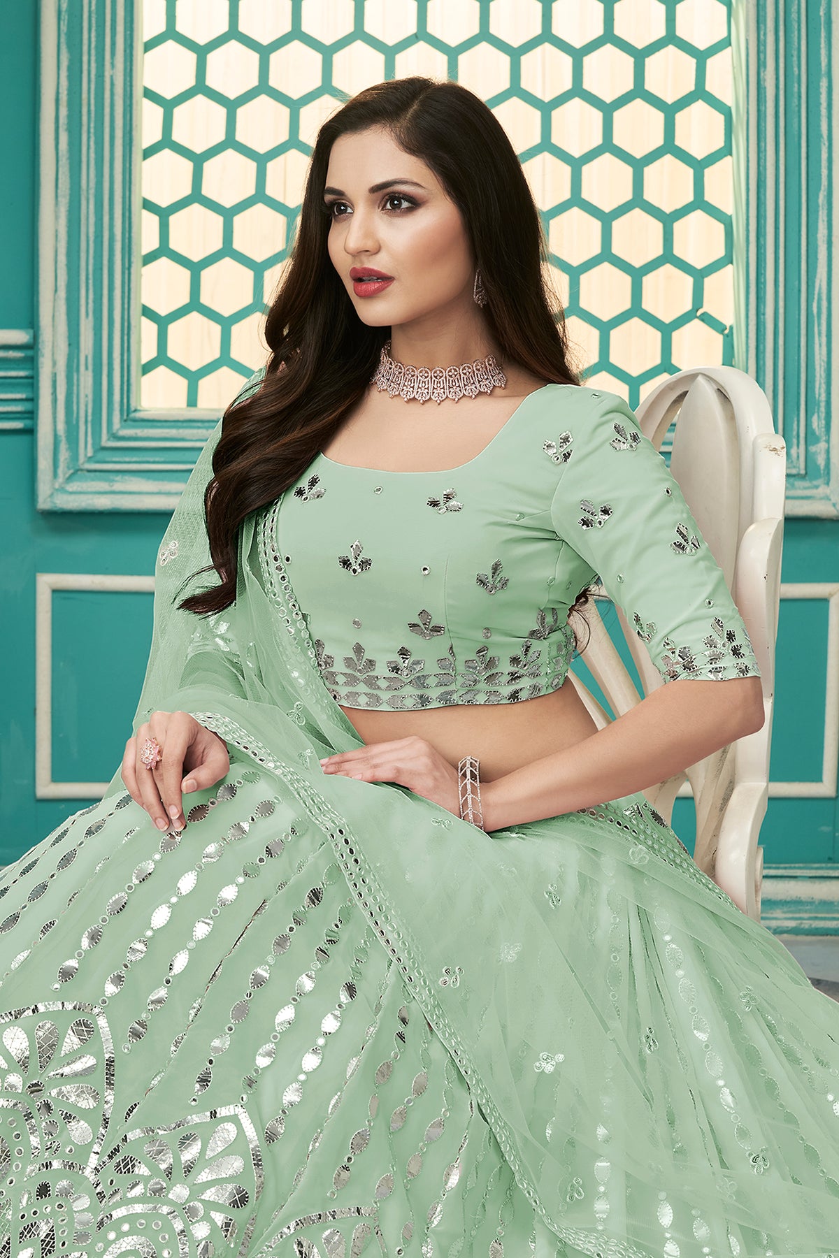 Pista Green color Georgette designer lehenga choli - Joshindia