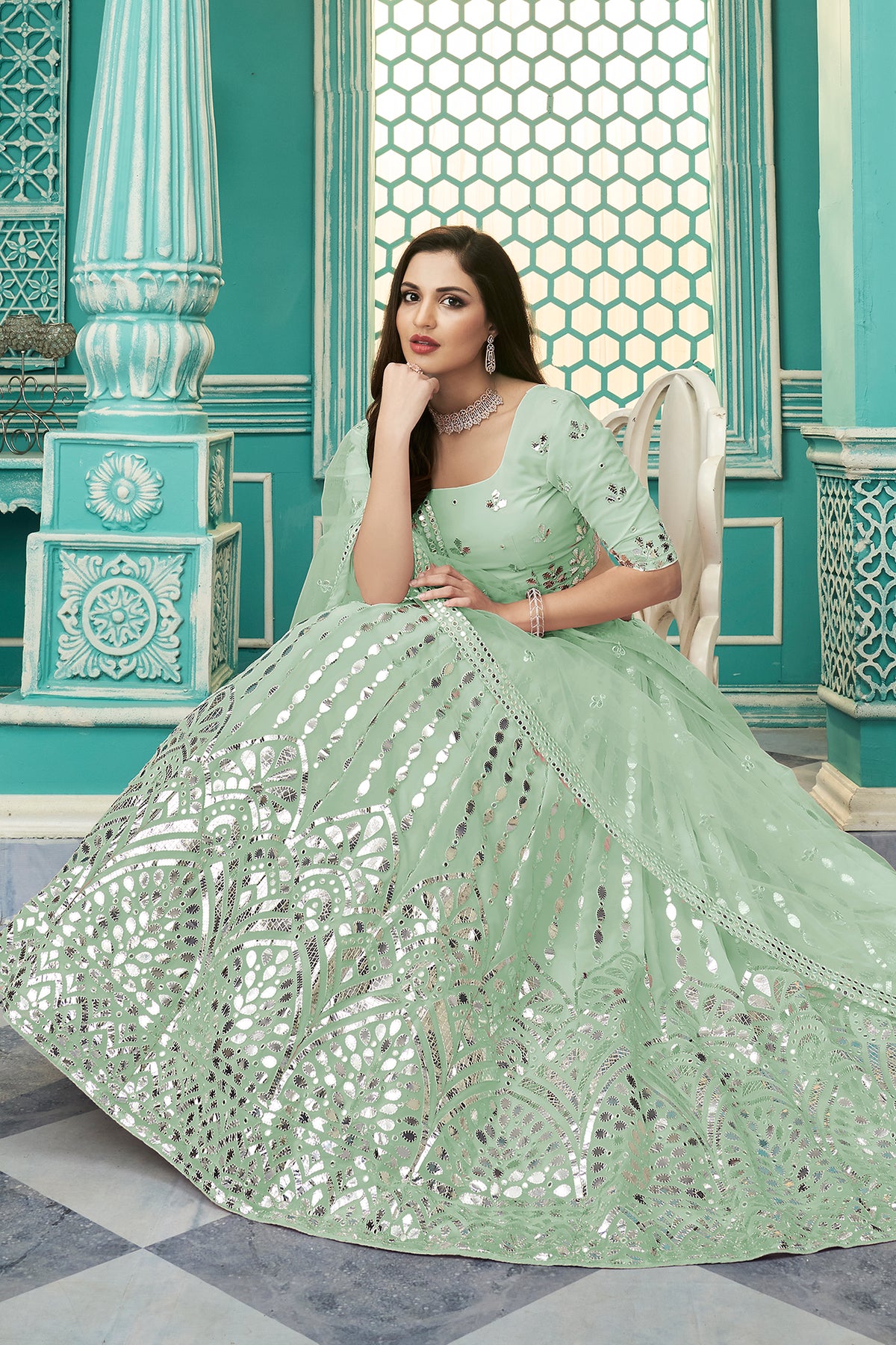 Pista Green color Georgette designer lehenga choli - Joshindia