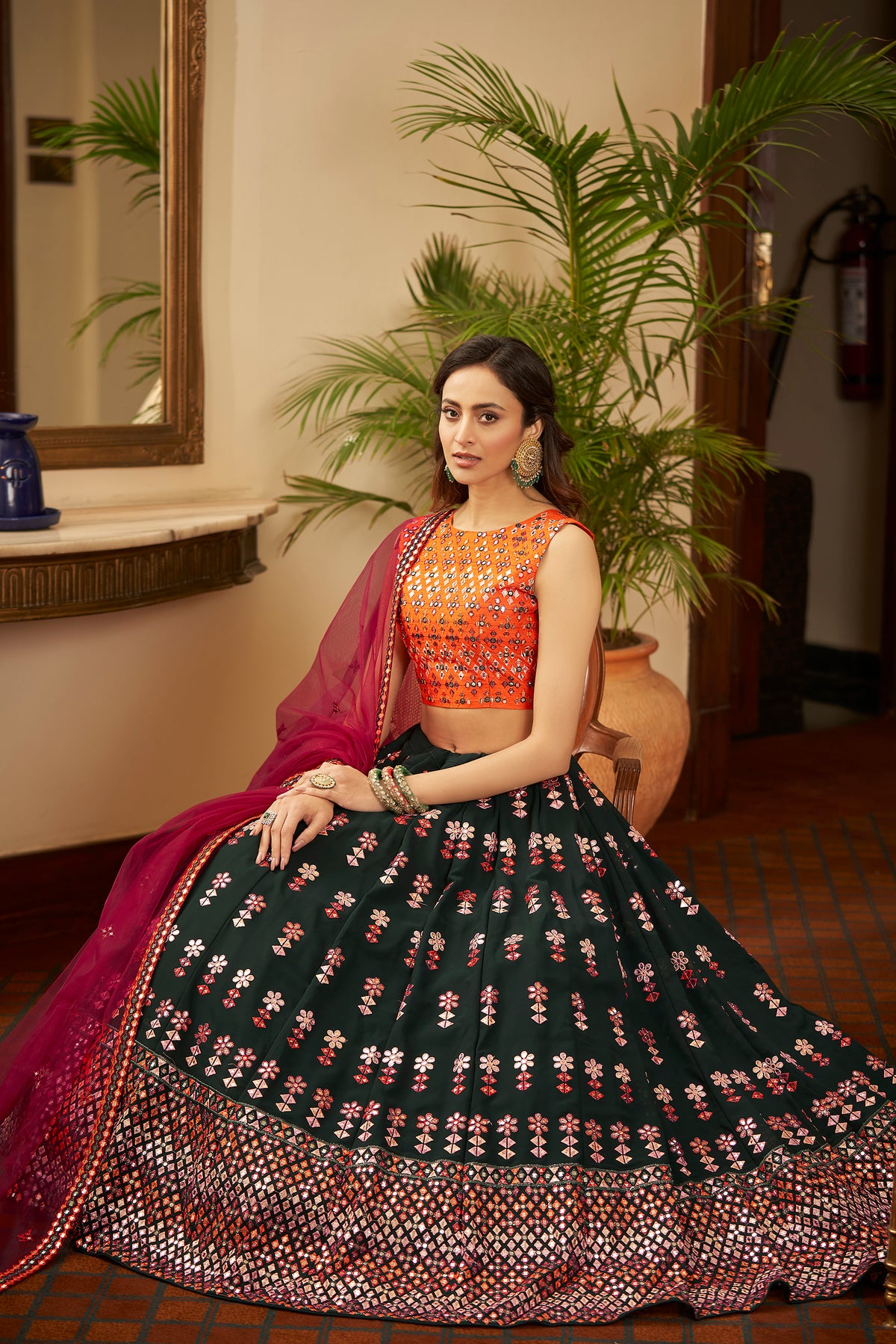 trendy Green-Orange-Deep Pink designer lehenga choli buy now - Joshindia