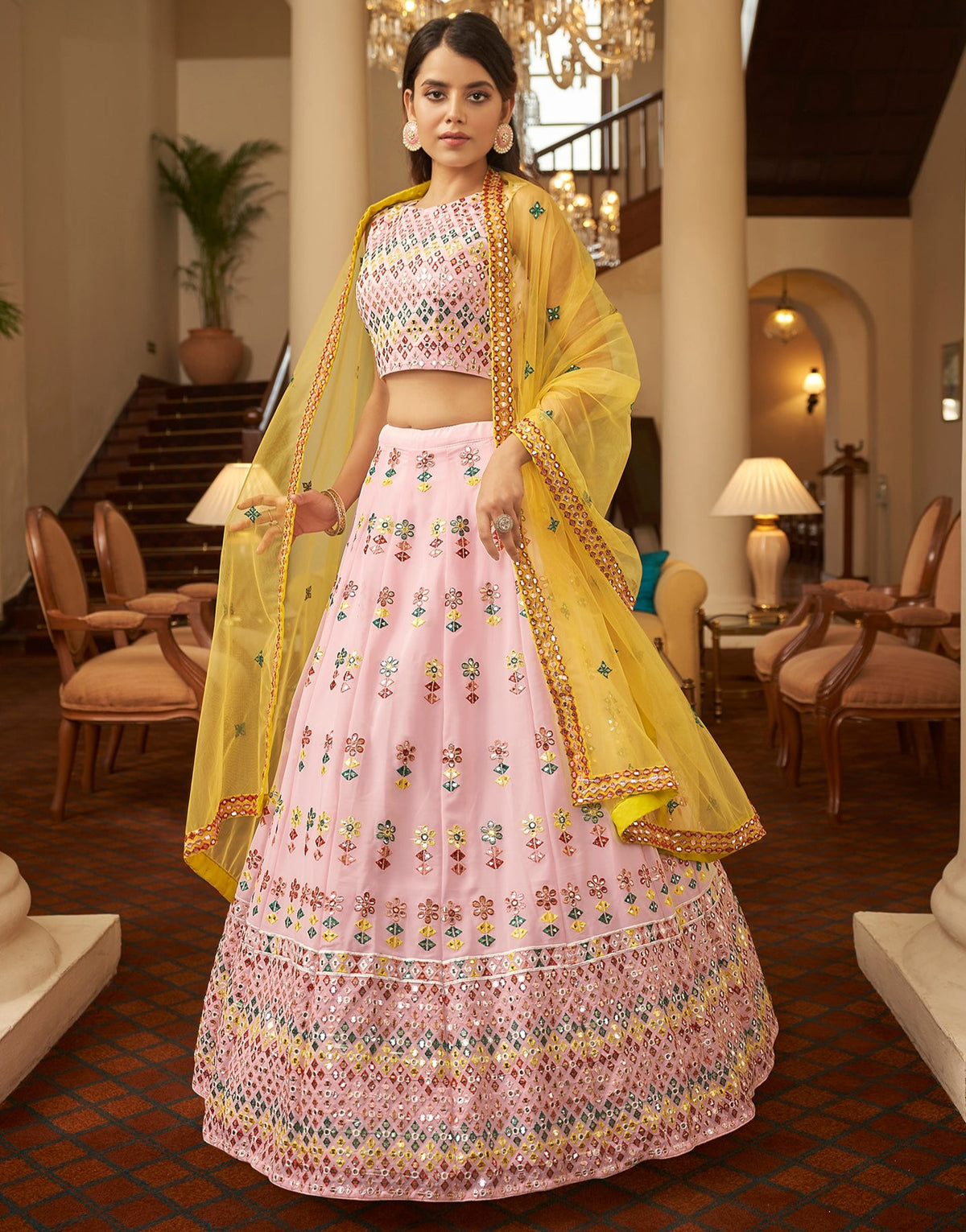 Latest trendy designer light pink color mirror lehenga choli buy now - Joshindia