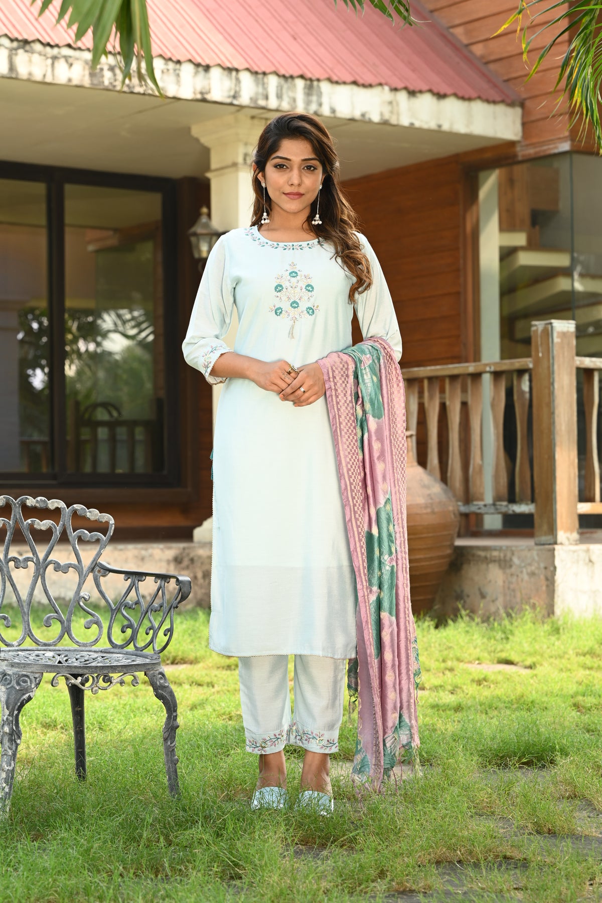 Muslin Embroidered Kurti With Pant & Dupatta - Joshindia