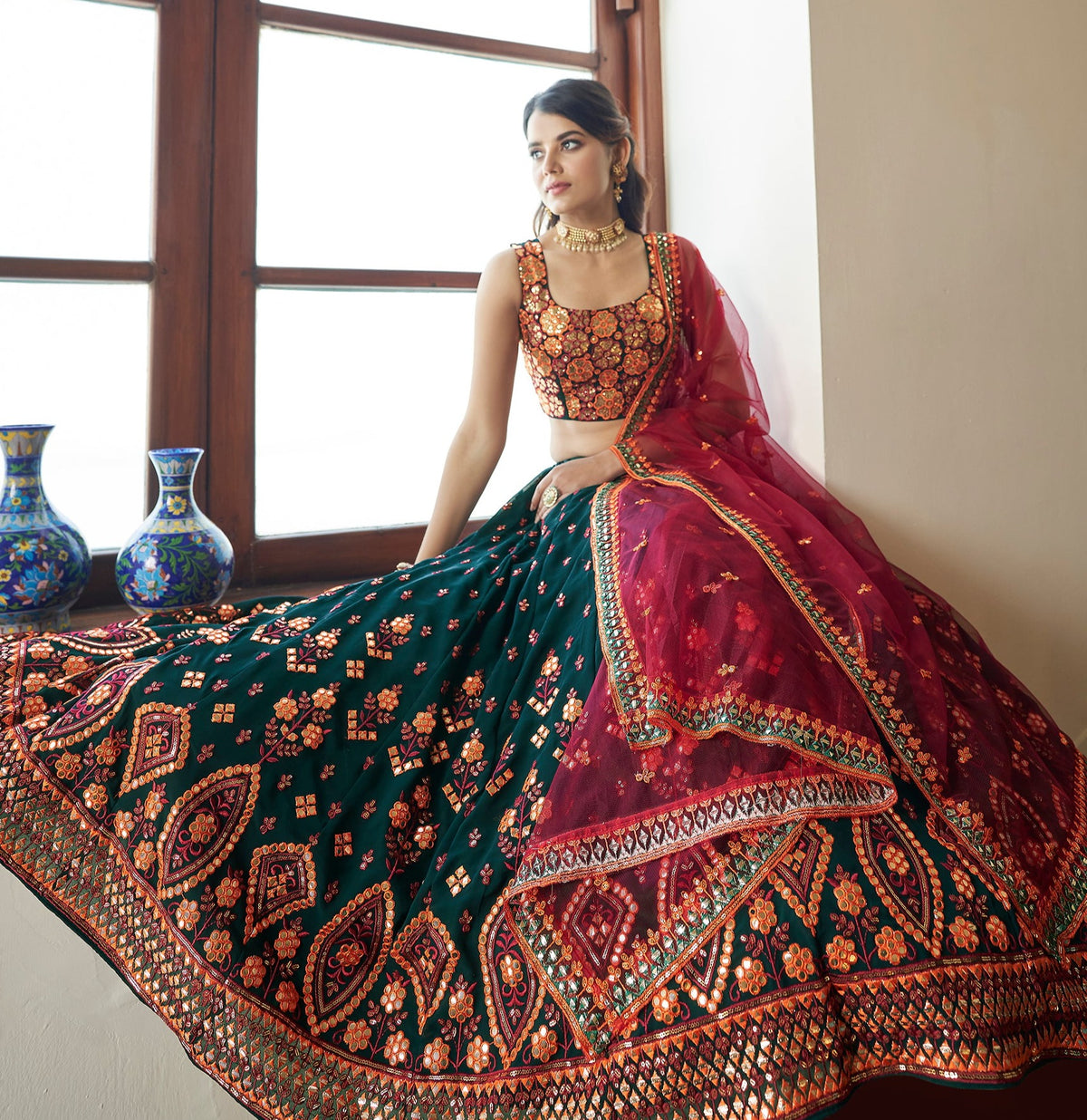 Trending Green and pink color designer lehenga choli - Joshindia
