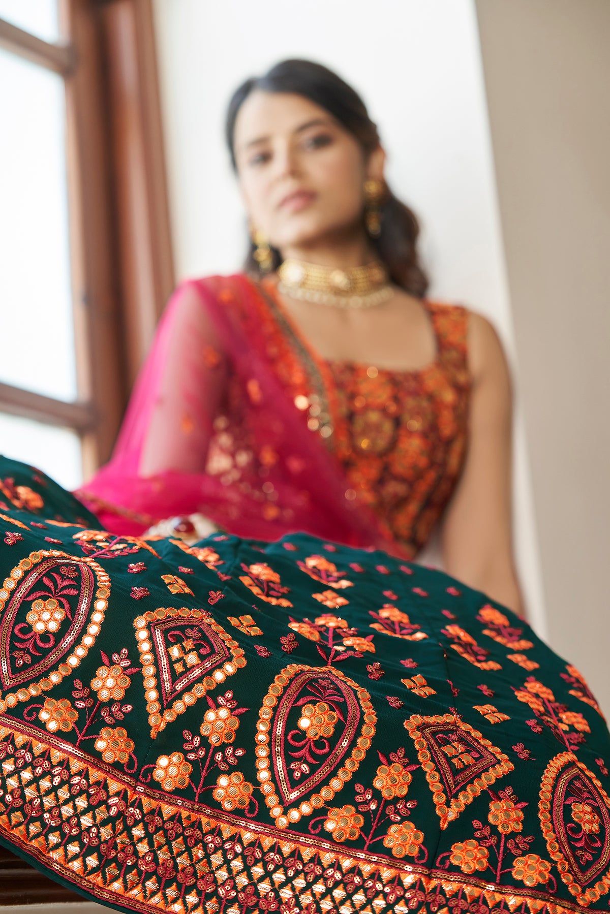 Trending Green and pink color designer lehenga choli - Joshindia