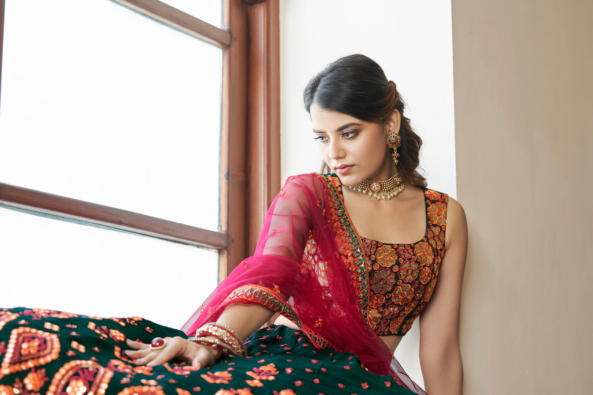 Trending Green and pink color designer lehenga choli - Joshindia