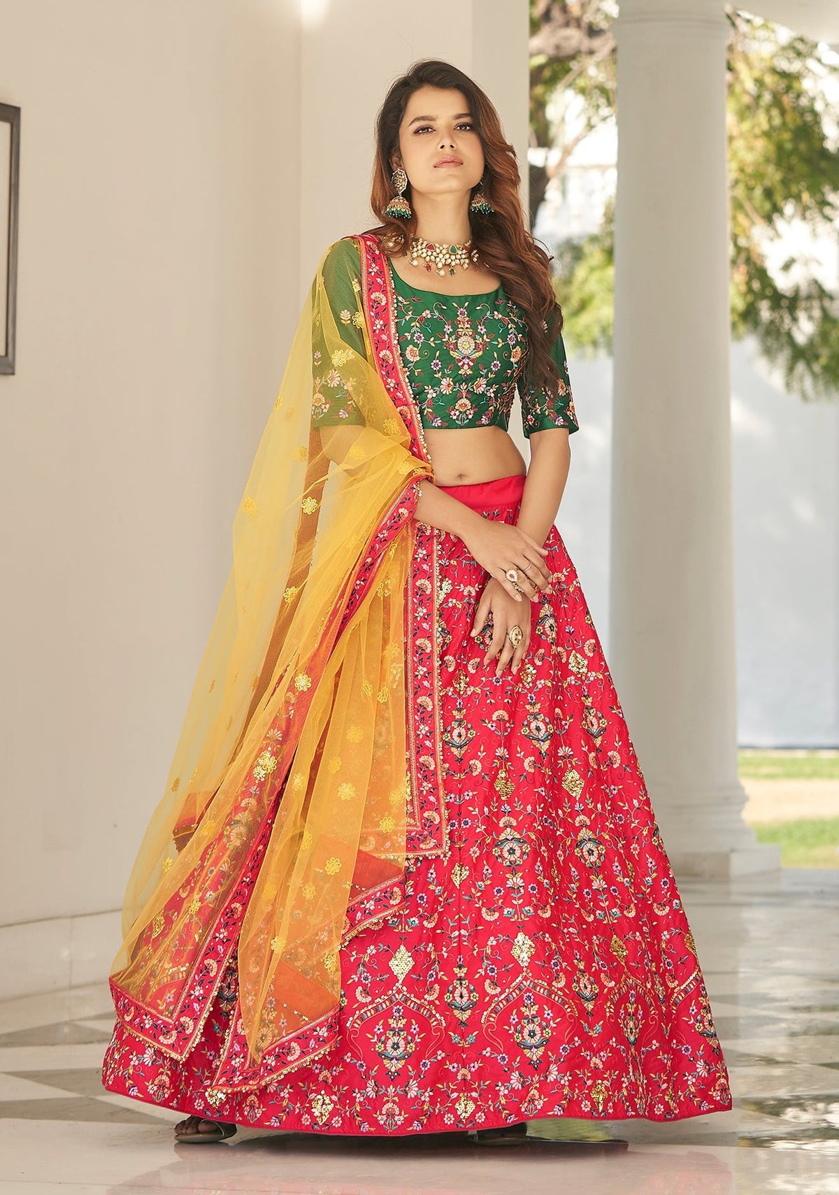 Green And Red color heavy designer lehenga choli - Joshindia