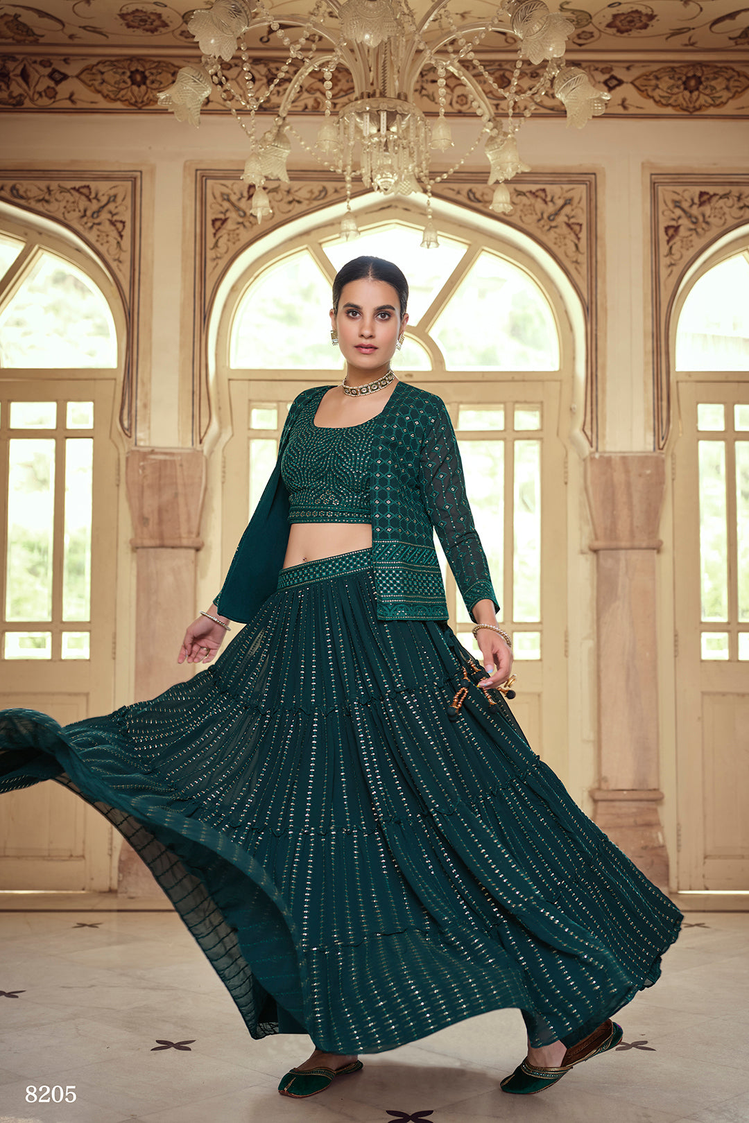Beautiful Dark Green Goergette Crop Top Lehenga - Joshindia