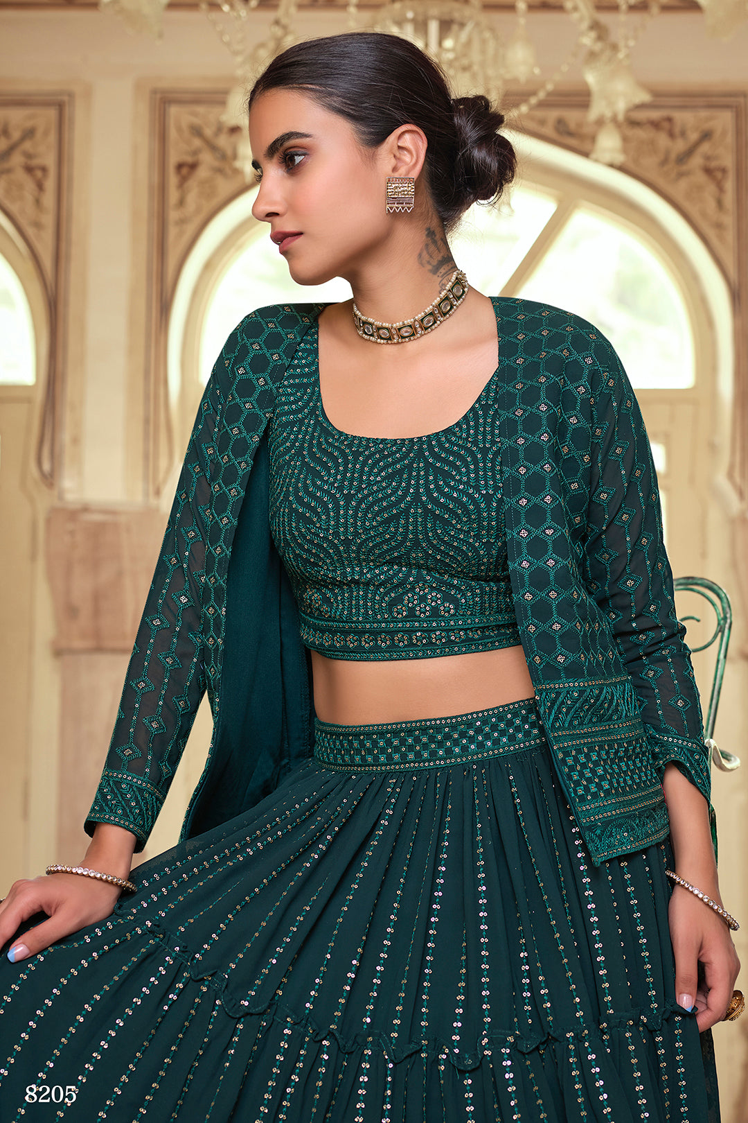 Beautiful Dark Green Goergette Crop Top Lehenga - Joshindia
