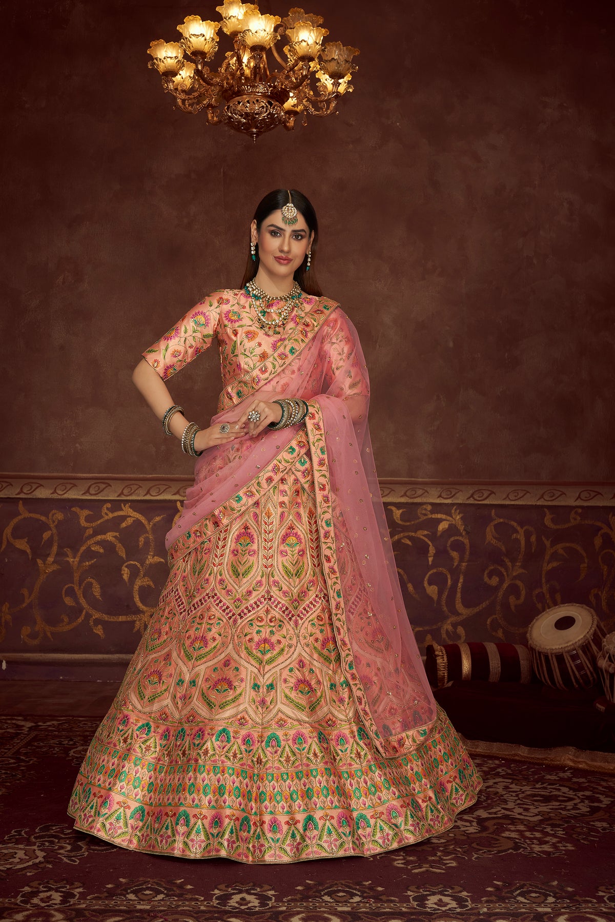 Fabulous Peach and Pink Silk Lehenga Choli with Dupatta - Joshindia