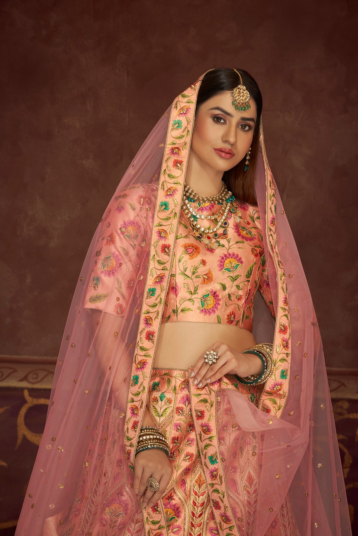 Fabulous Peach and Pink Silk Lehenga Choli with Dupatta - Joshindia