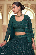 Beautiful Dark Green Goergette Crop Top Lehenga - Joshindia
