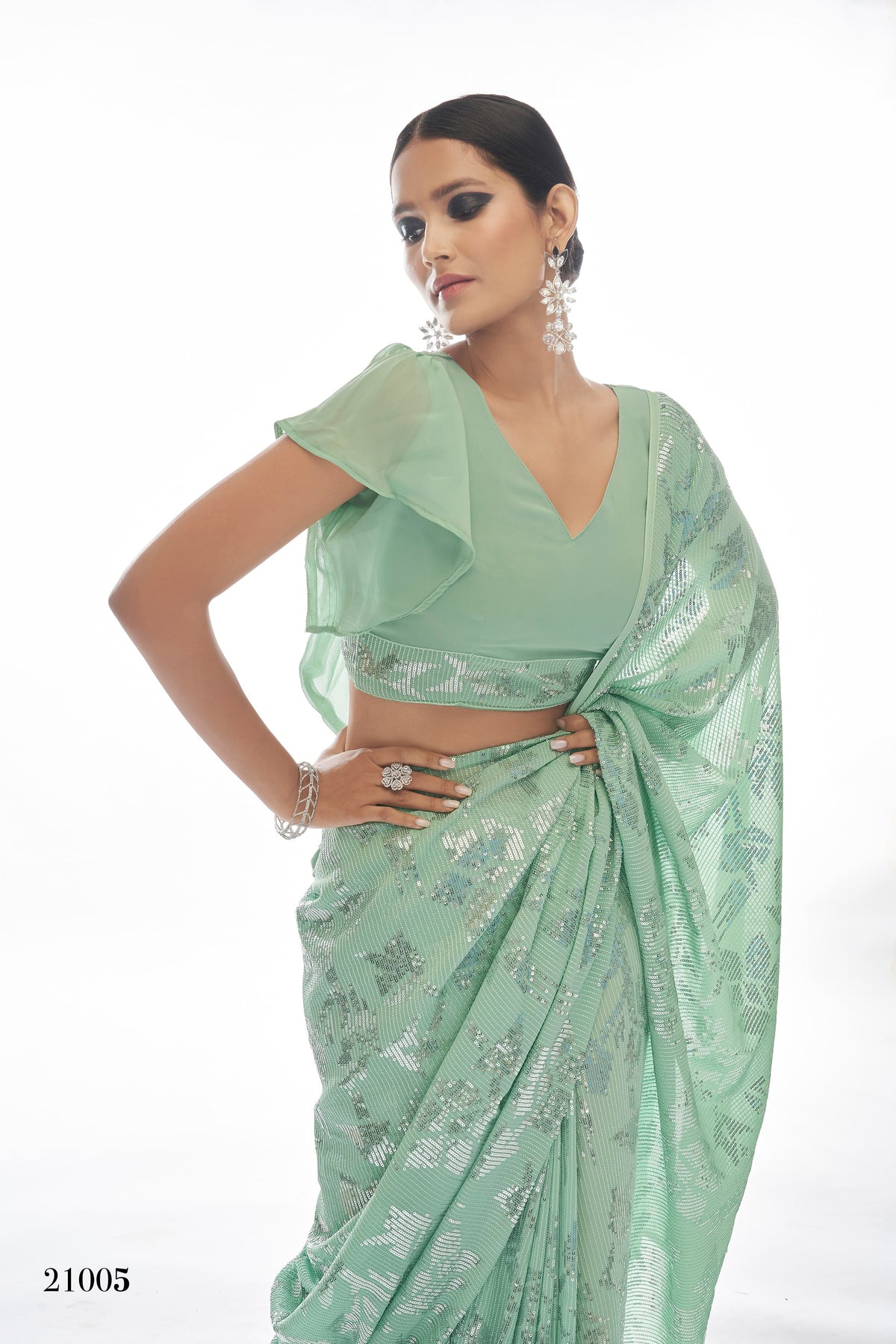 Beautiful Sea Green color bollywood sequin saree - Joshindia