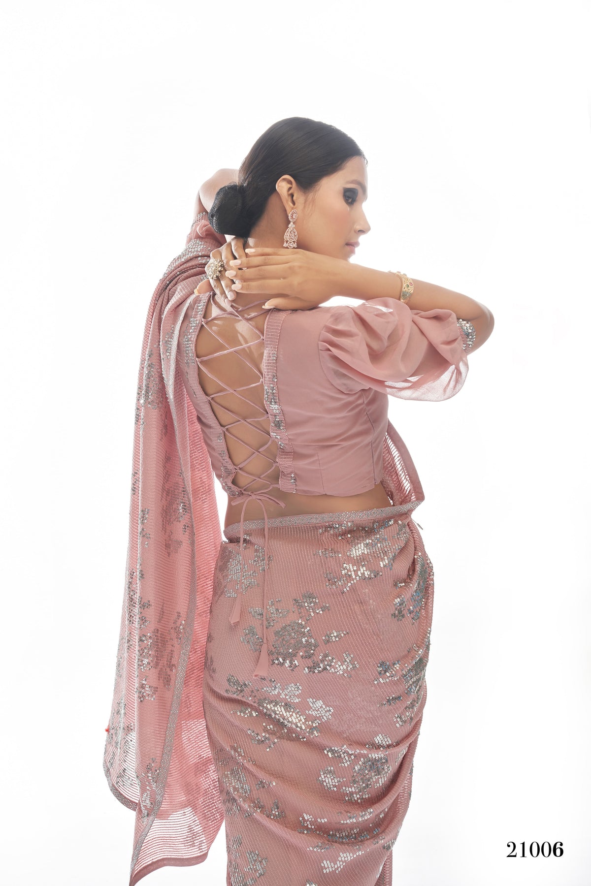 Beautiful Peah color bollywood sequin saree - Joshindia