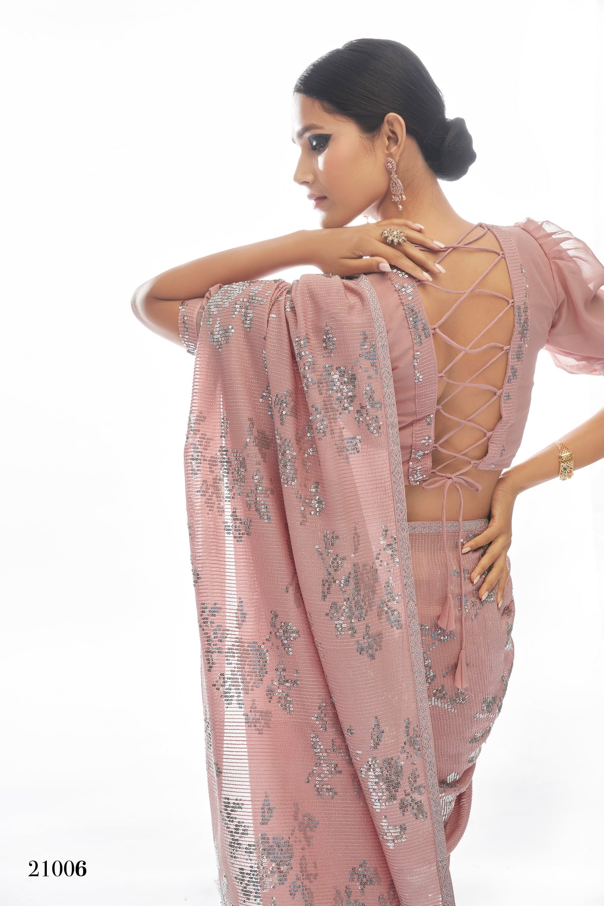 Beautiful Peah color bollywood sequin saree - Joshindia