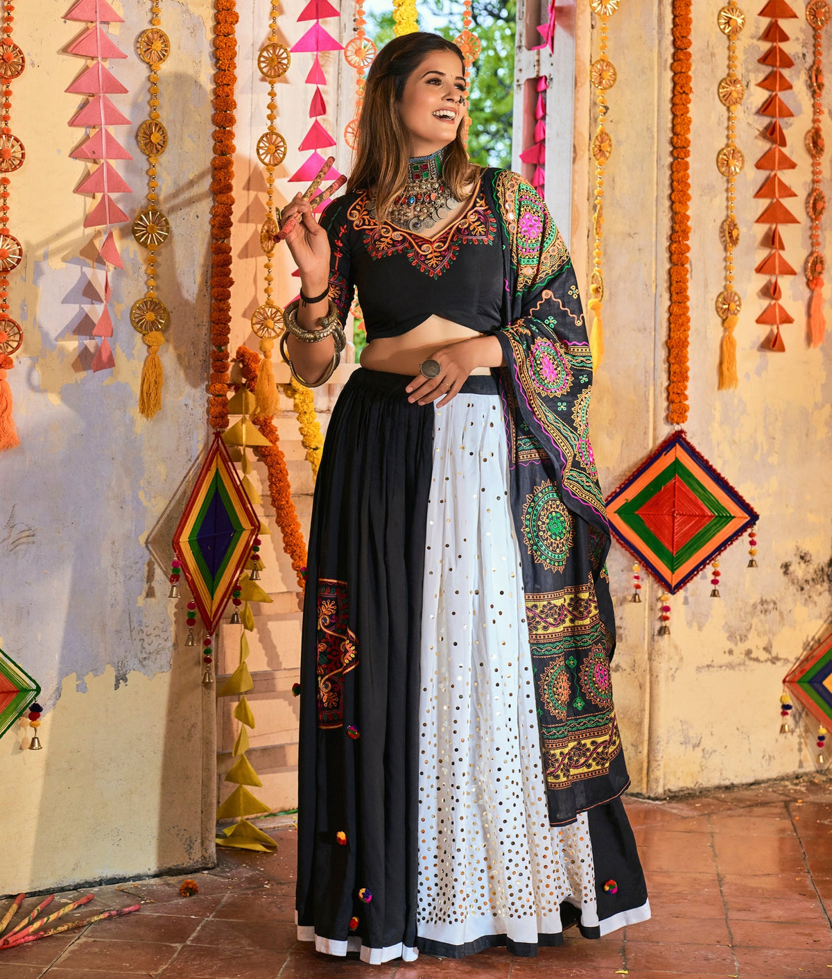Festival Wear Black and White Stitched Navratri Special Lehenga Choli - Joshindia