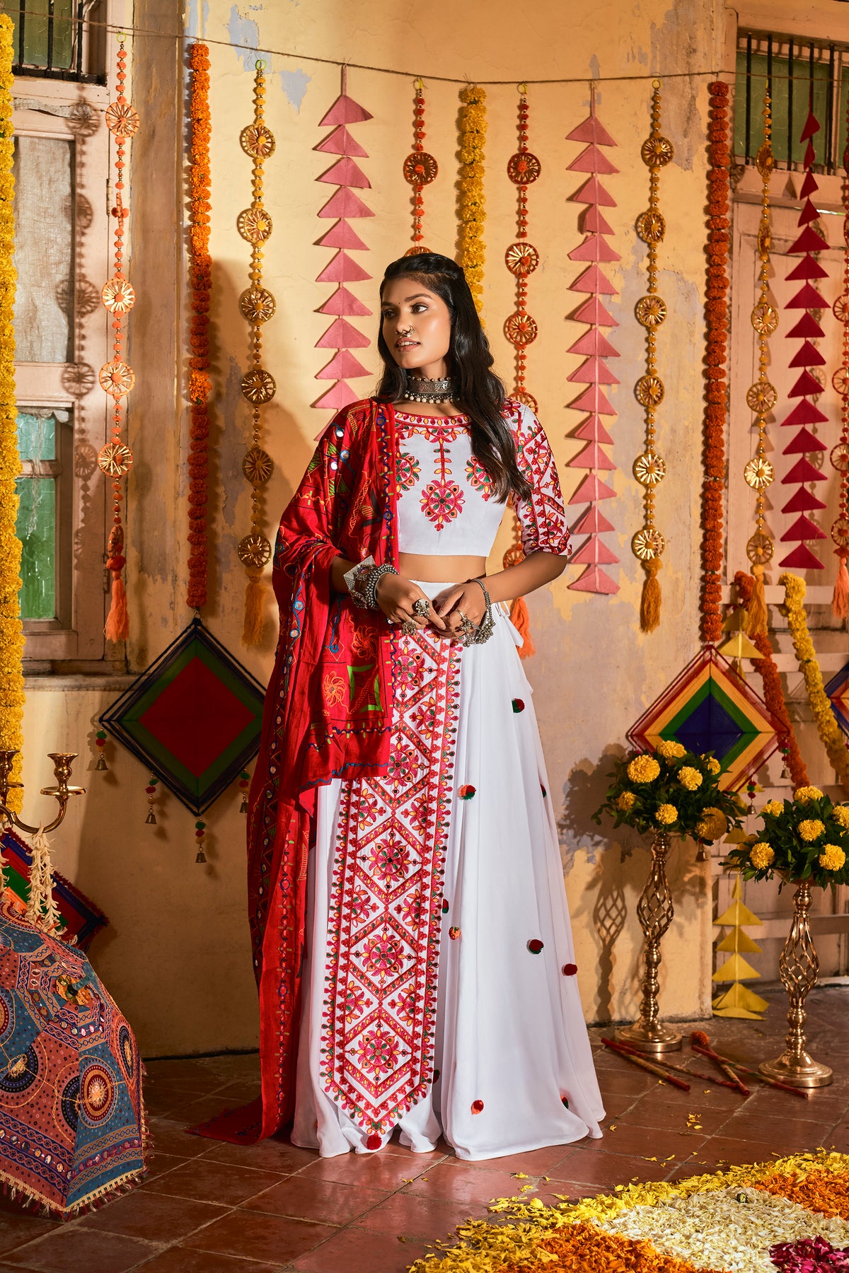 Buy White and Red Lehenga Choli for Navratri Online at Joshindia.com - Joshindia