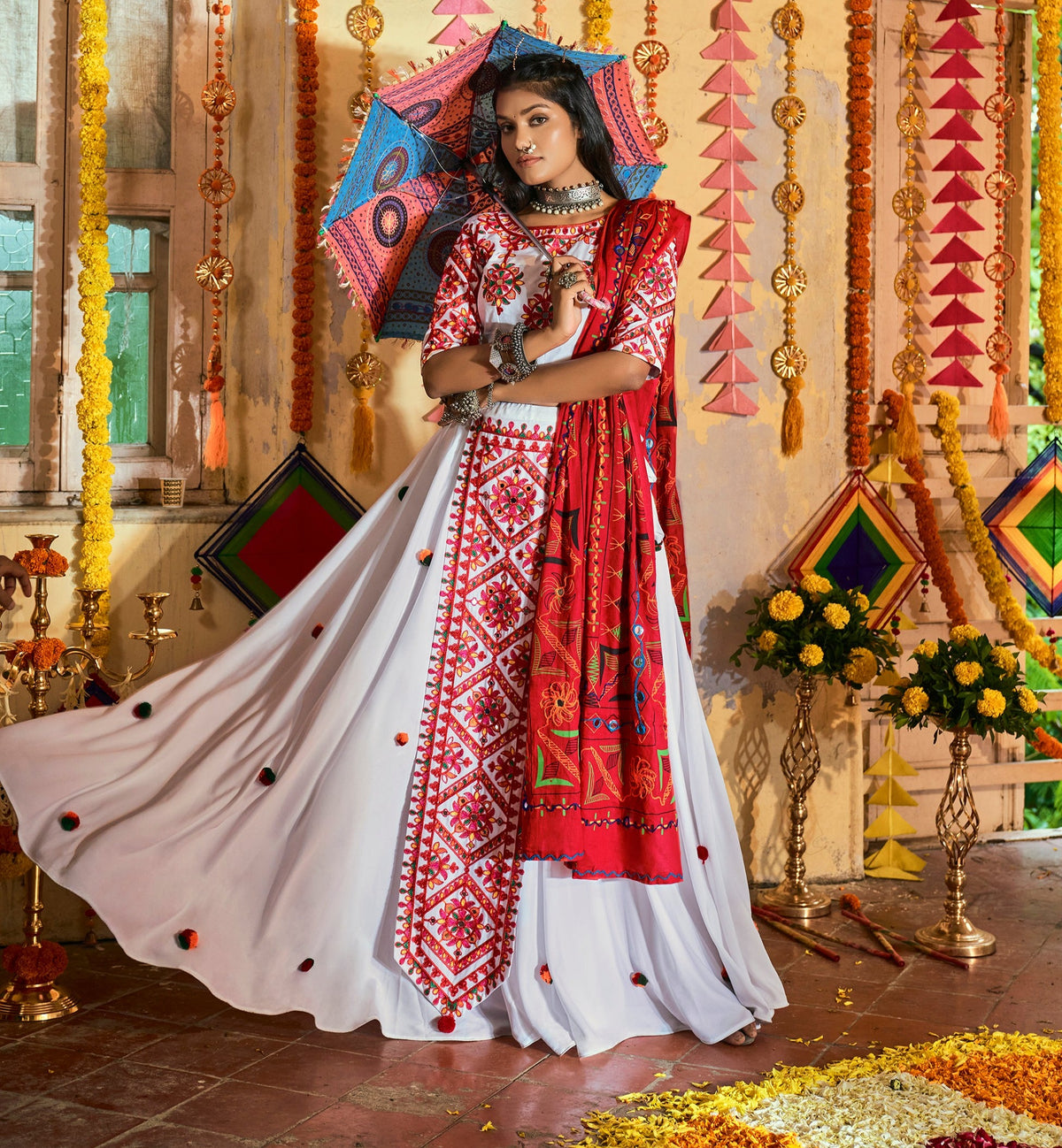 Buy White and Red Lehenga Choli for Navratri Online at Joshindia.com - Joshindia