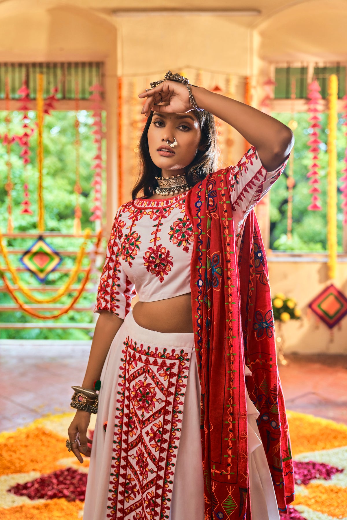 Buy White and Red Lehenga Choli for Navratri Online at Joshindia.com - Joshindia