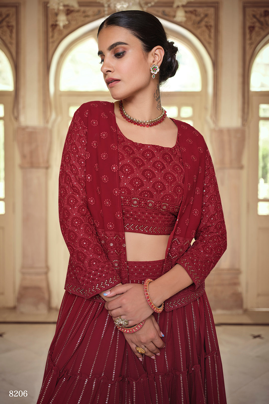 Latest Maroon Color Georgette Lehenga Choli With Shrug - Joshindia